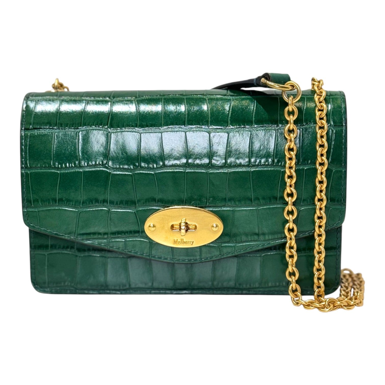 Mulberry Mulberry Darley Croco Print Bag Green with Gold Chain