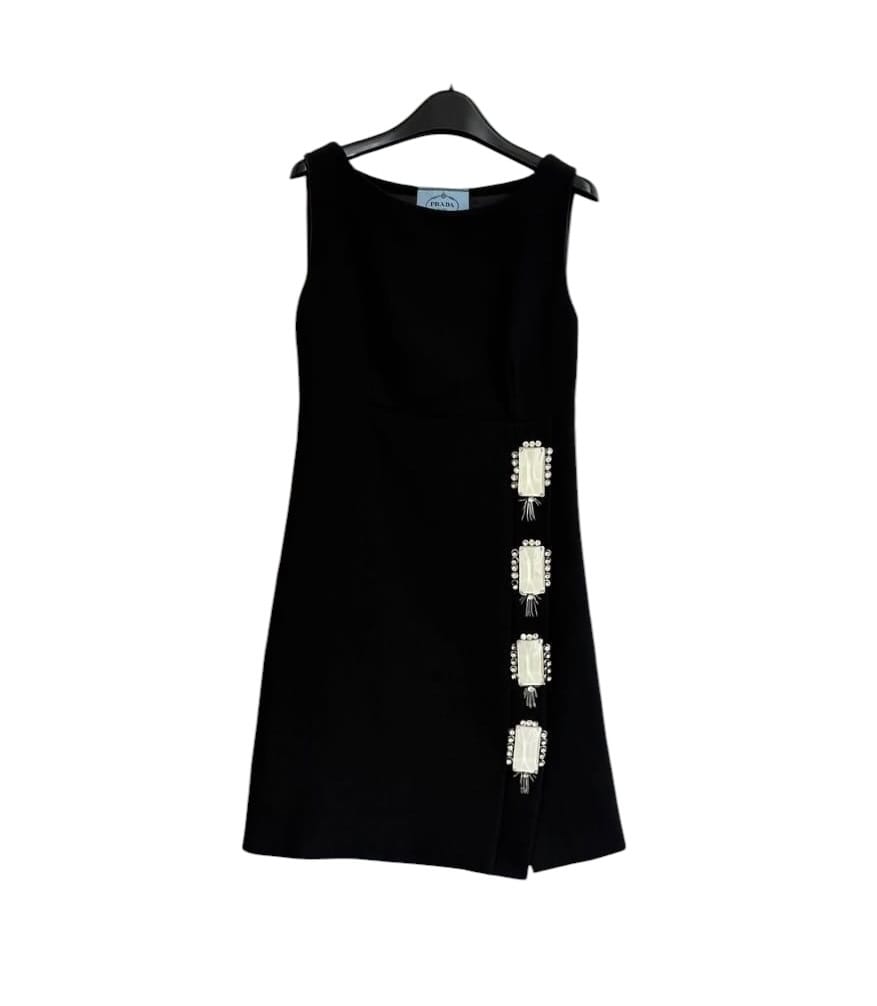 Prada Prada Black Wool Dress with Ivory Crystal Sz 44 SYCYA125