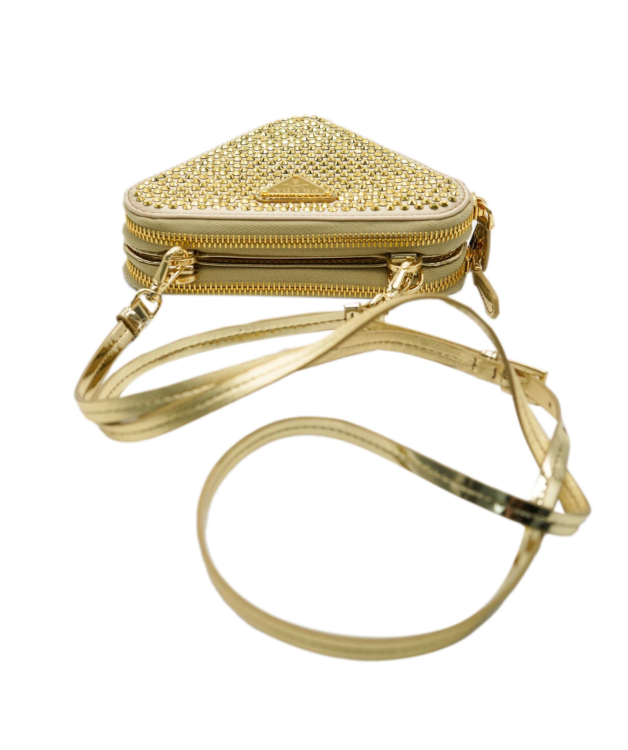Prada Prada Gold Satin & Patent Leather Crystal Embellished Triangular Mini Pouch ABC0782