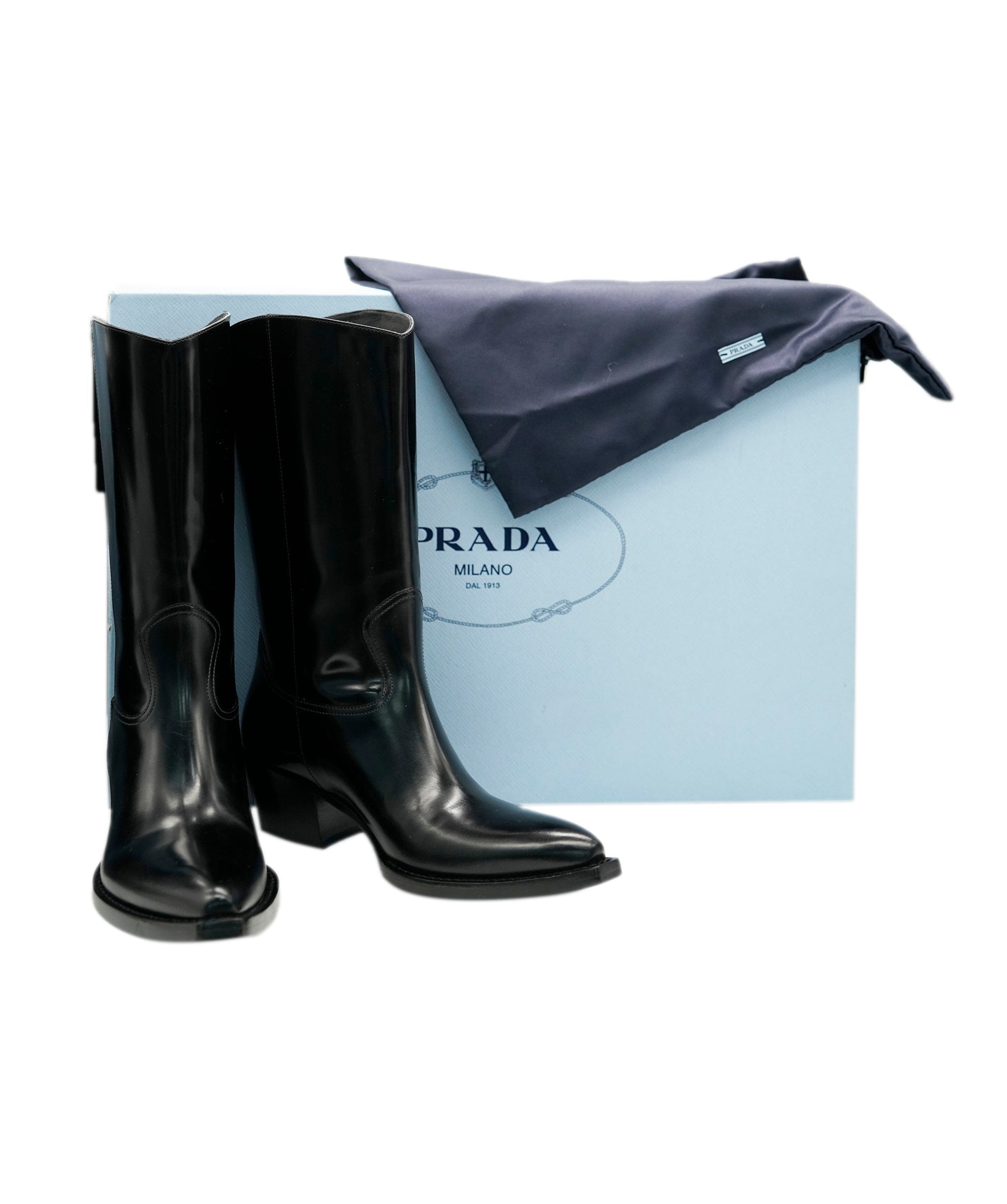 Prada Prada Black Brushed Leather Logo Triangle Cowboy Boots ABL0064