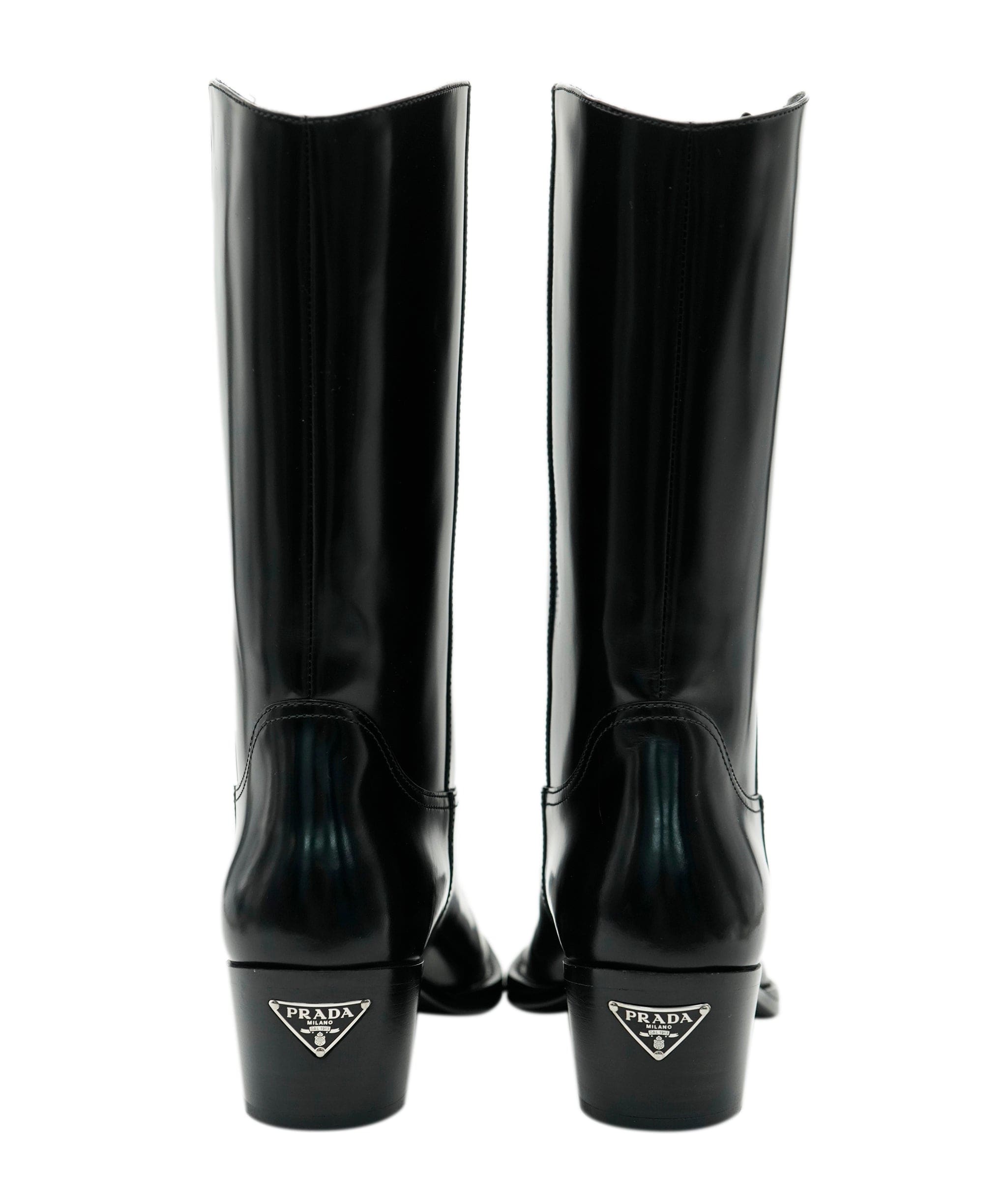 Prada Prada Black Brushed Leather Logo Triangle Cowboy Boots ABL0064