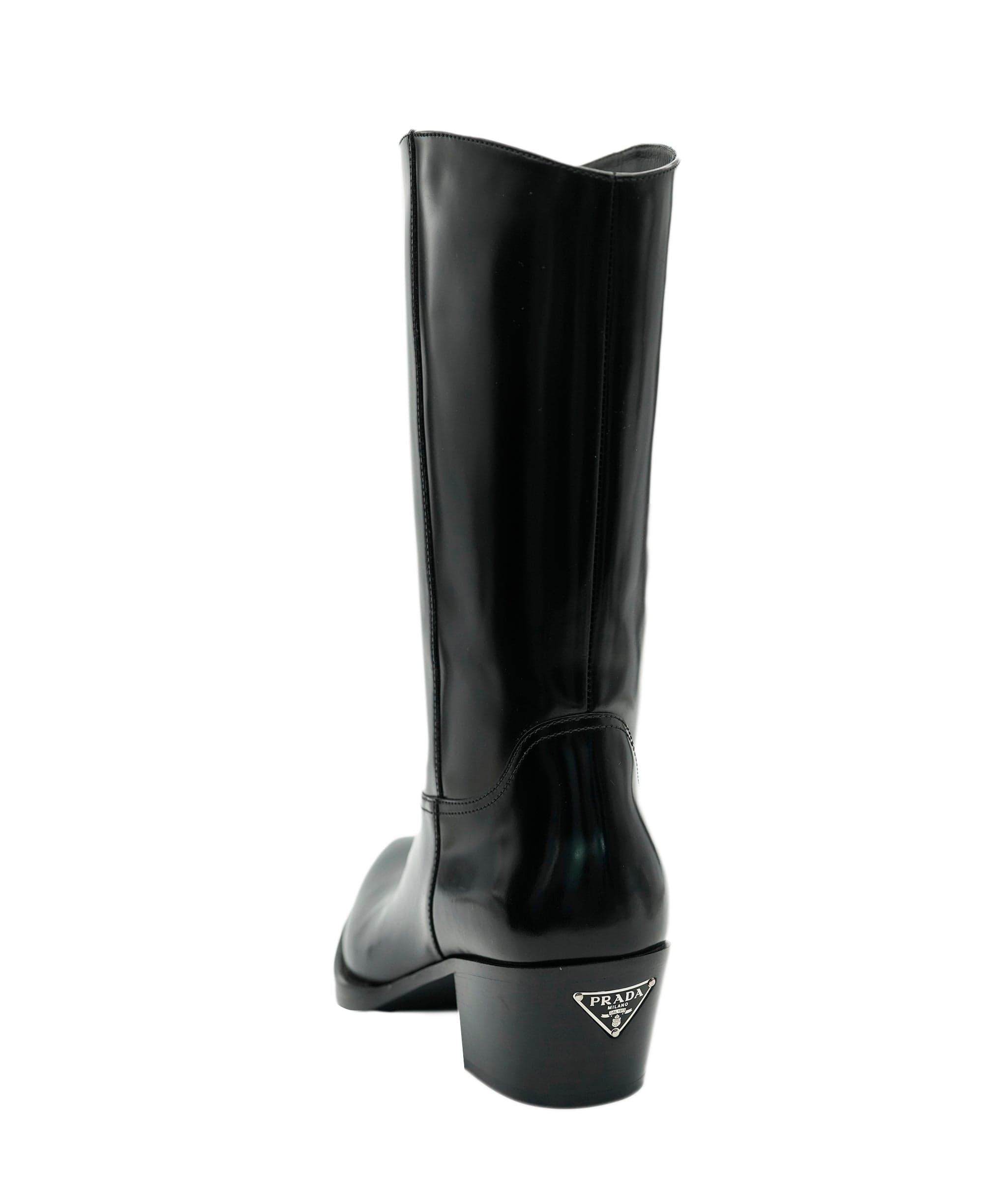 Prada Prada Black Brushed Leather Logo Triangle Cowboy Boots ABL0064