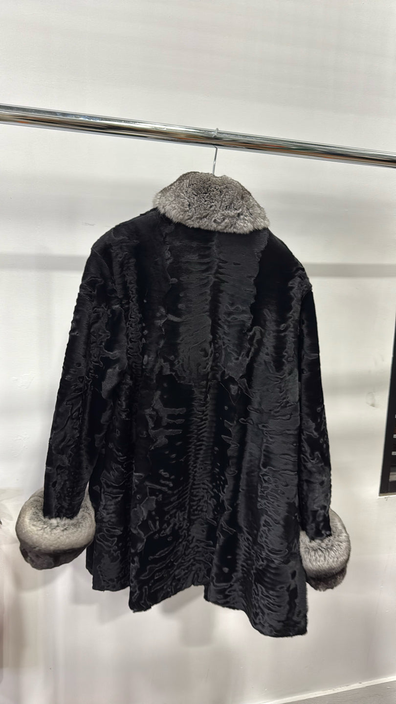 Black Persian Lamb Jacket w/ Chinchilla Collar/Cuffs Black