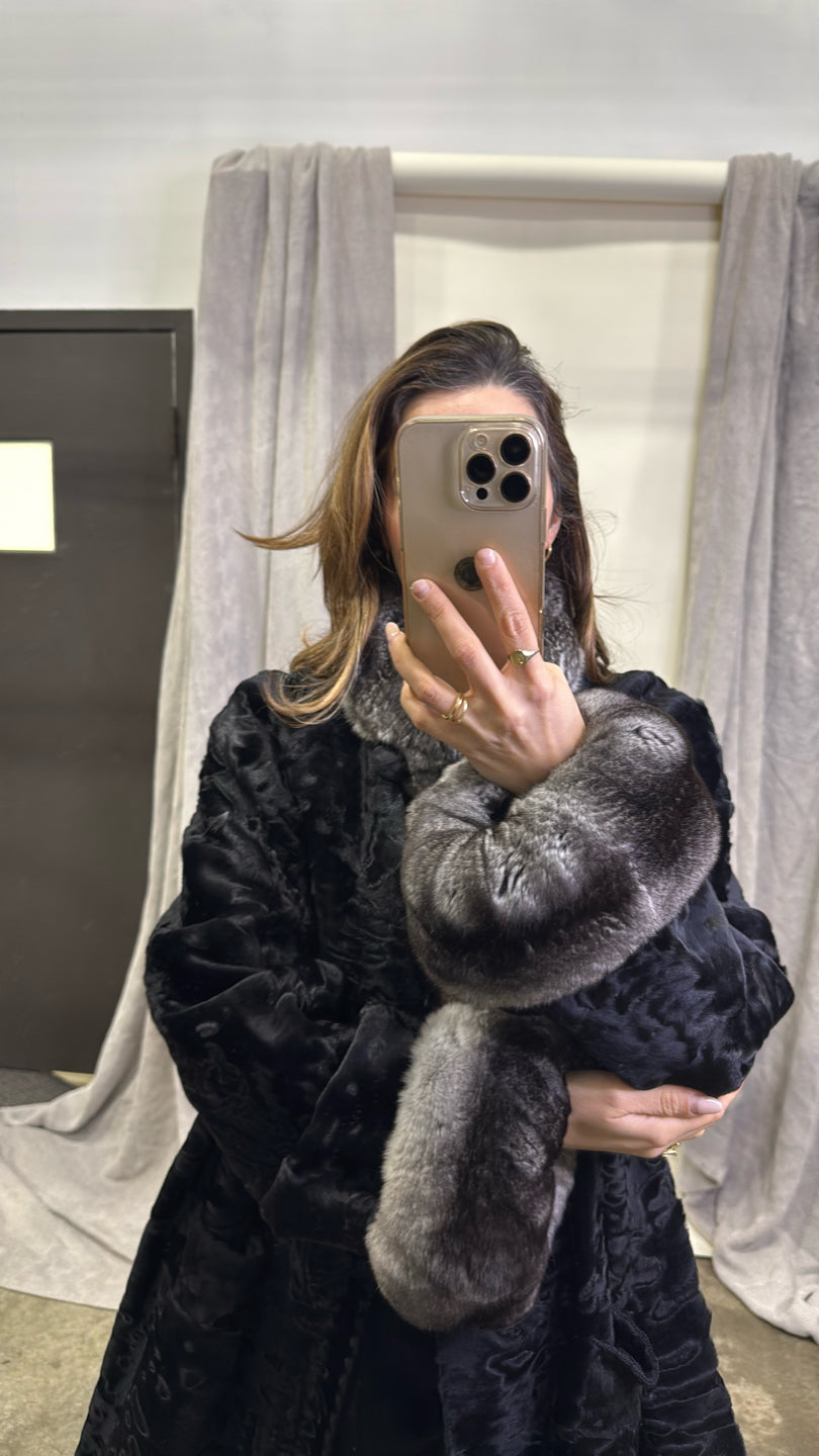 Black Persian Lamb Jacket w/ Chinchilla Collar/Cuffs Black