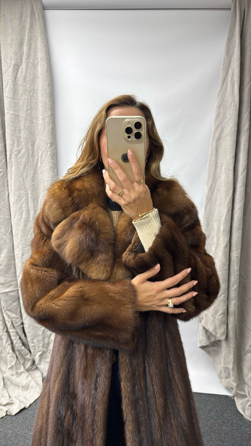 NATURAL LUNARAINE MINK COAT WITH SABLE COLLAR Brown