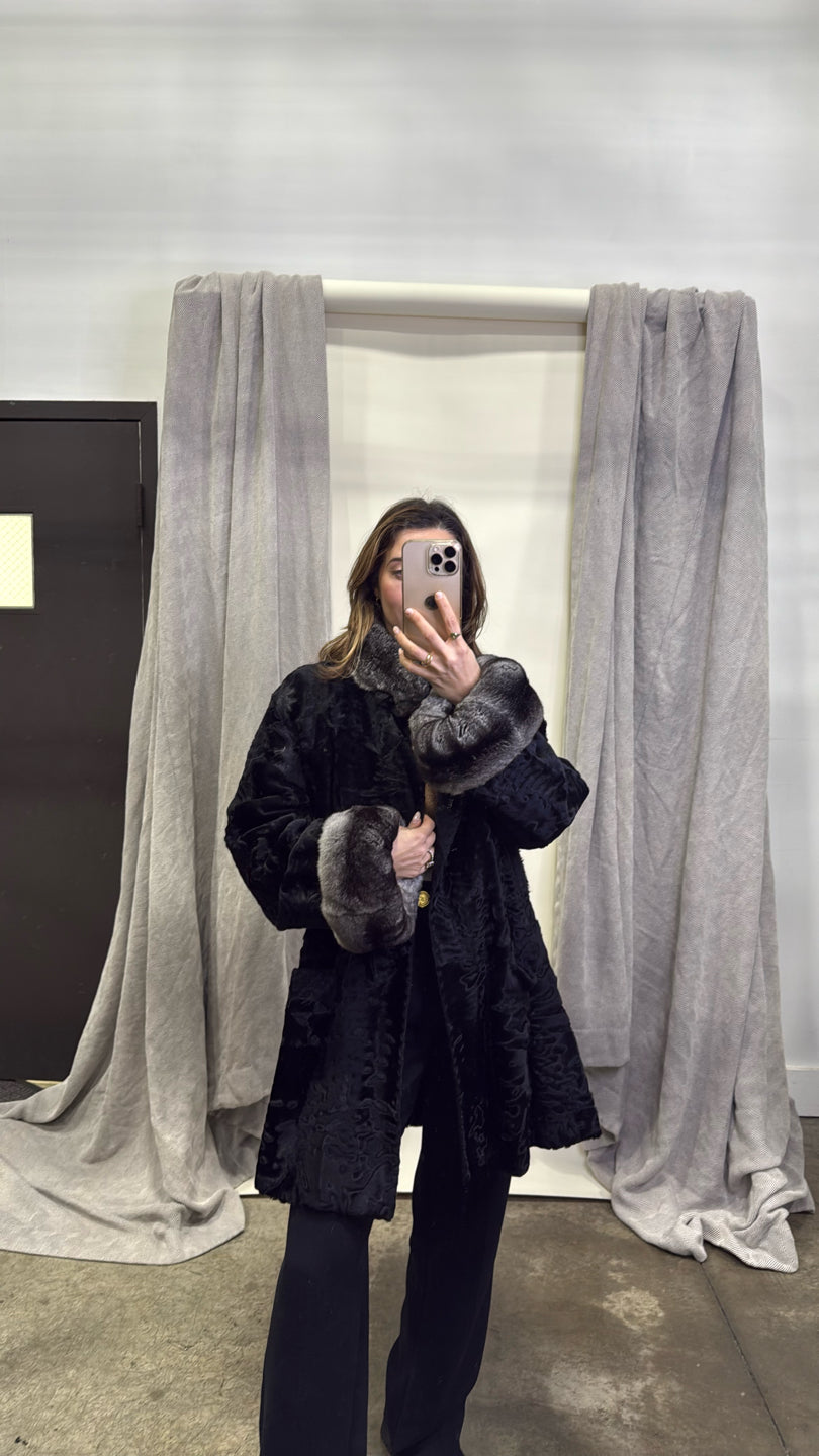 Black Persian Lamb Jacket w/ Chinchilla Collar/Cuffs Black