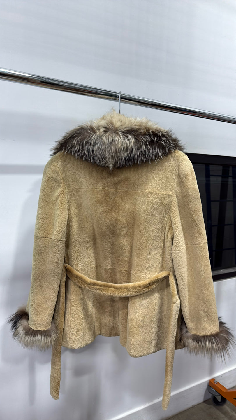 Tan Dyed Sheared Mink With Fox Trim Jacket - Beige GM16041900386
