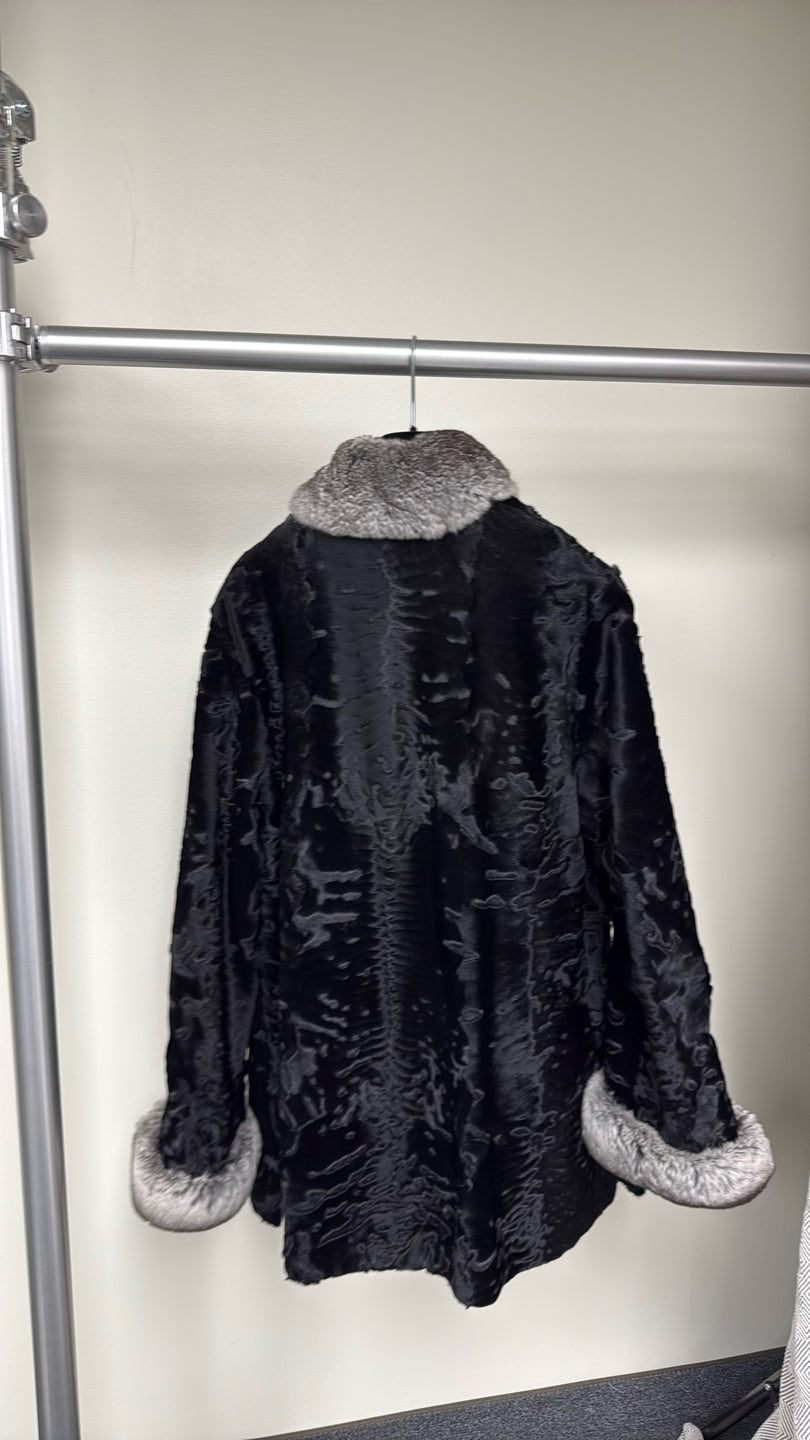 Black Persian Lamb Jacket w/ Chinchilla Collar/Cuffs Black