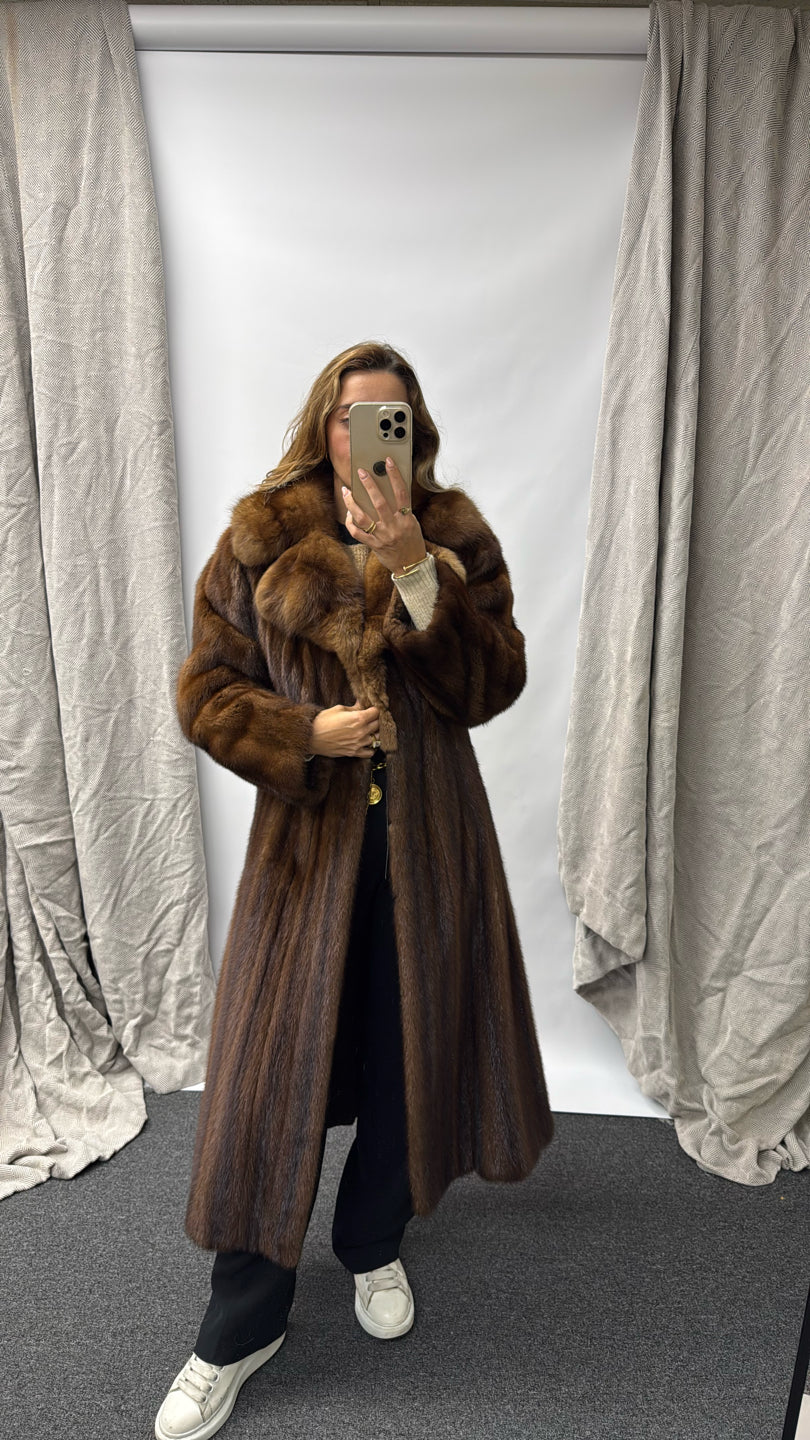 NATURAL LUNARAINE MINK COAT WITH SABLE COLLAR Brown