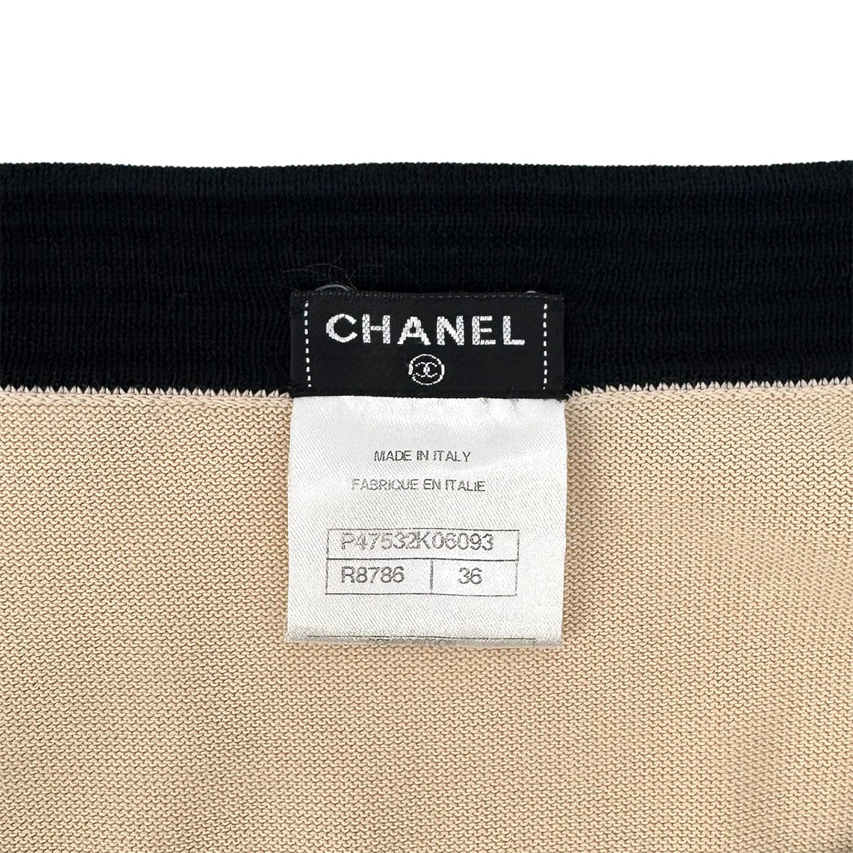 PURPOSE CHANEL COCO BUTTON GONDOLA CHARM BORDER KNIT DRESS 2014 BEIGE COTTON 36 P47 RTW 90292122