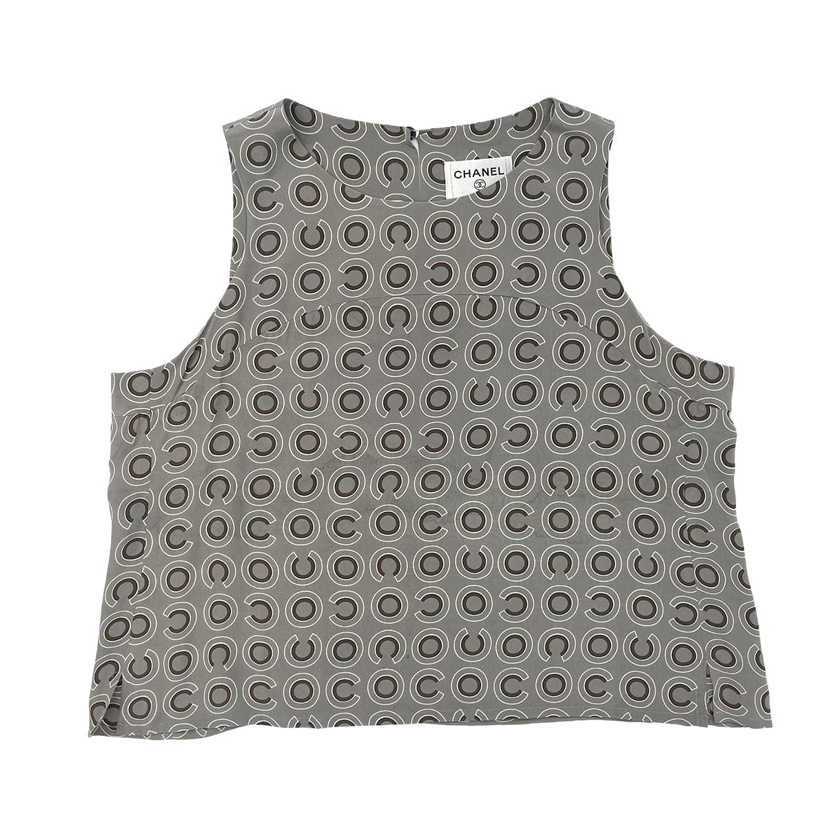 PURPOSE CHANEL COCO LOGO SLEEVELESS BLOUSE GRAY SILK 44 01A RTW 90288026