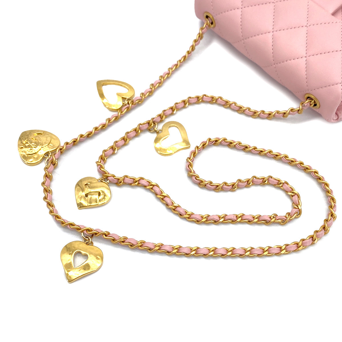 PURPOSE CHANEL MINI MATELASSE HEART CHARM CHAIN SHOULDER BAG PINK LAMB SKIN GOLD HARDWARE 90327292