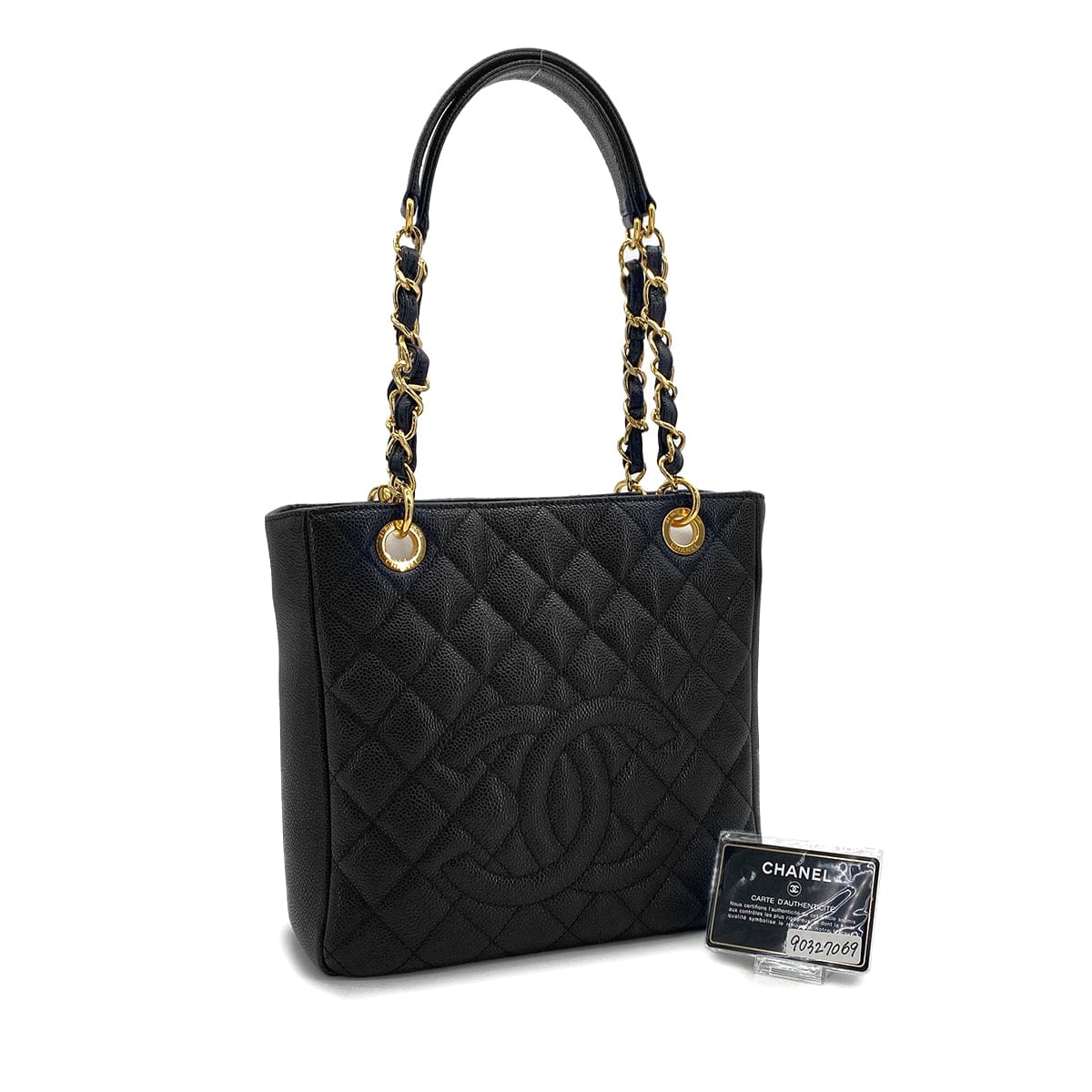 PURPOSE CHANEL PST CHAIN TOTE BAG BLACK CAVIAR SKIN GOLD HARDWARE 90327069