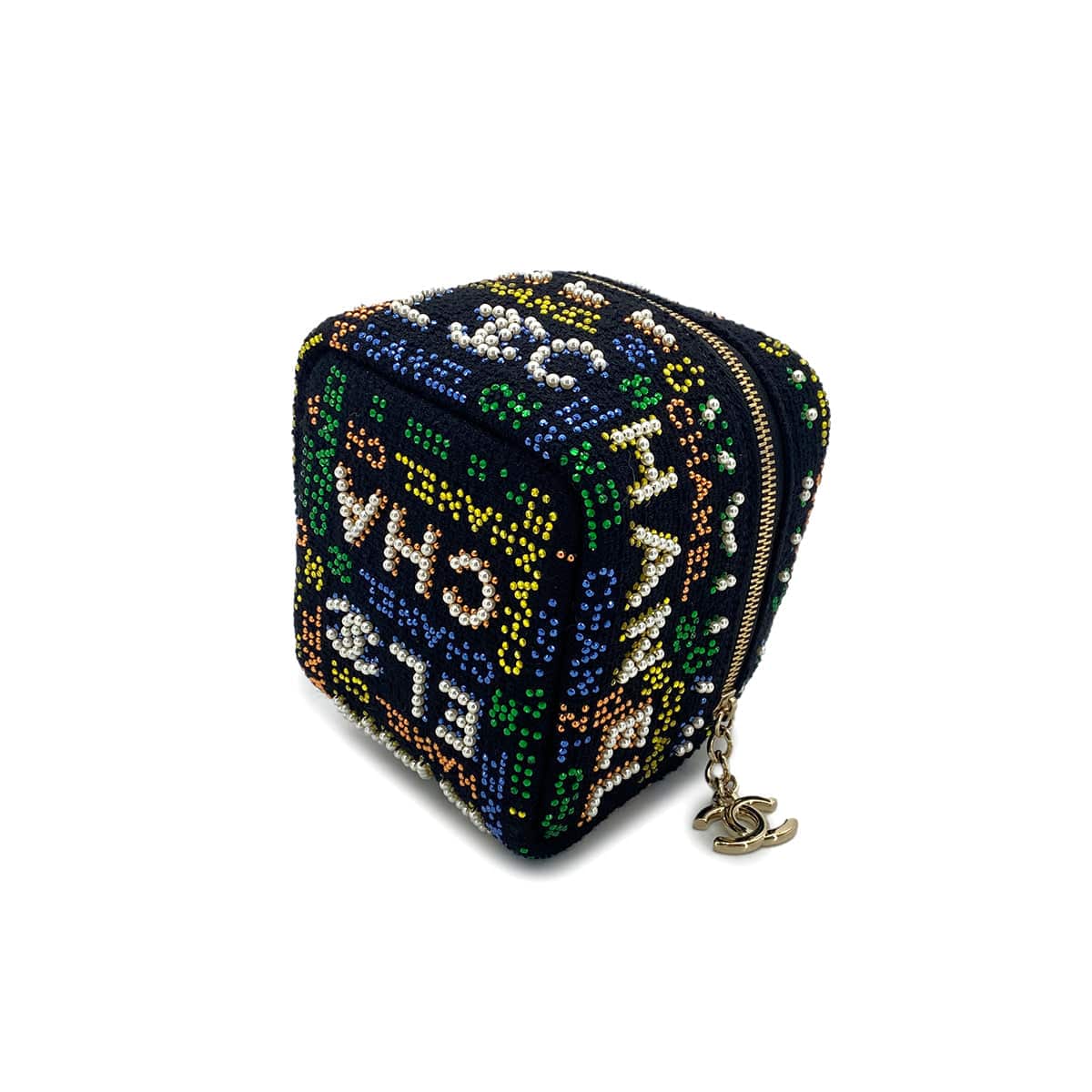 PURPOSE CHANEL VANITY LOGO COCOMARK RHINESTONE FAUX PEARL CHAIN HAND BAG MULTICOLOR CANVAS 90296684