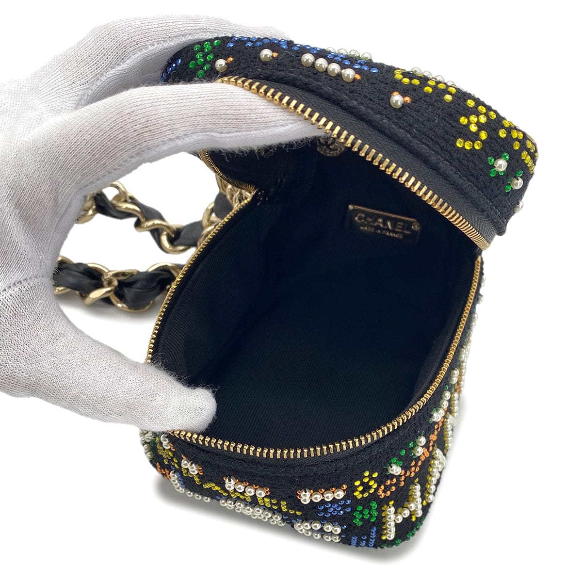 PURPOSE CHANEL VANITY LOGO COCOMARK RHINESTONE FAUX PEARL CHAIN HAND BAG MULTICOLOR CANVAS 90296684