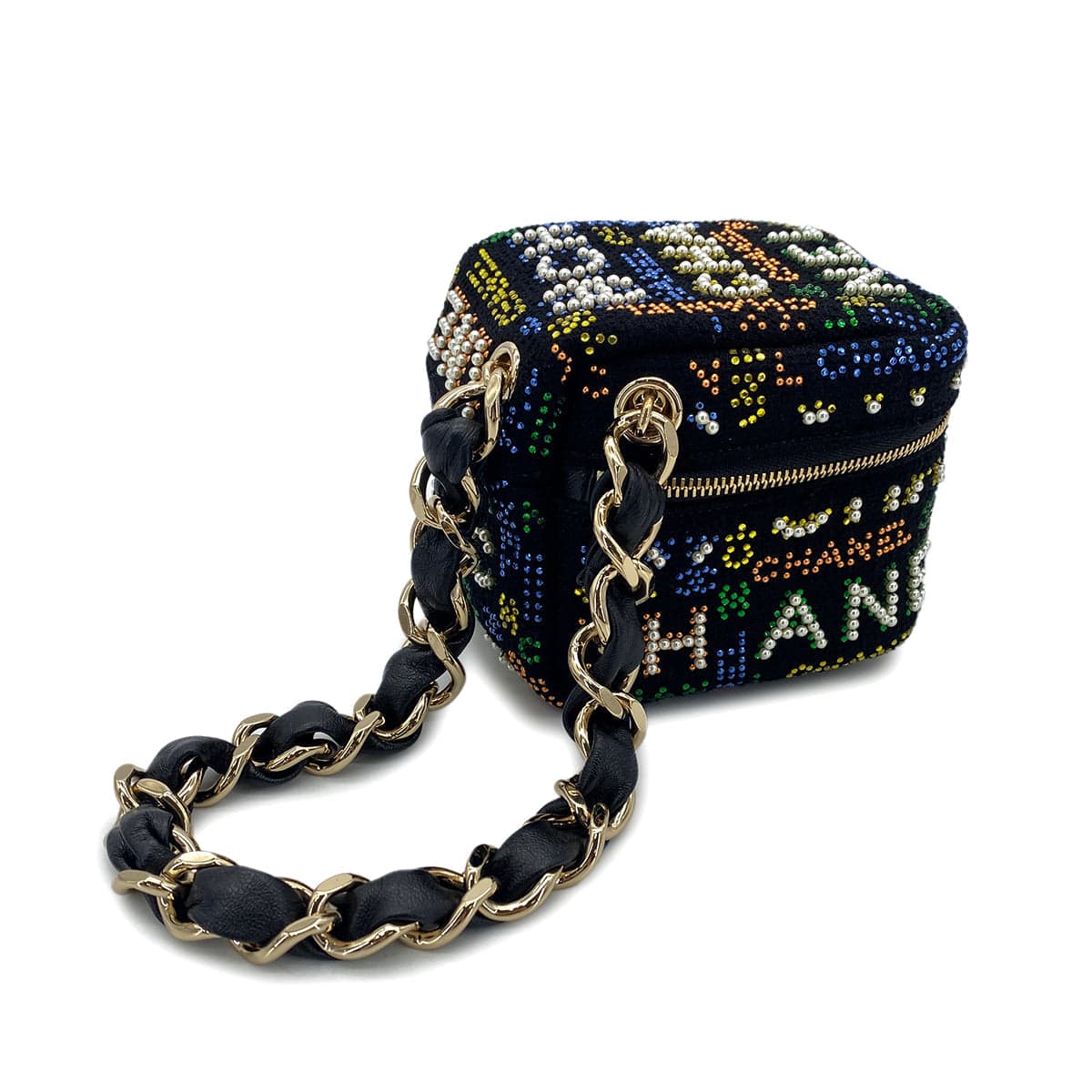 PURPOSE CHANEL VANITY LOGO COCOMARK RHINESTONE FAUX PEARL CHAIN HAND BAG MULTICOLOR CANVAS 90296684