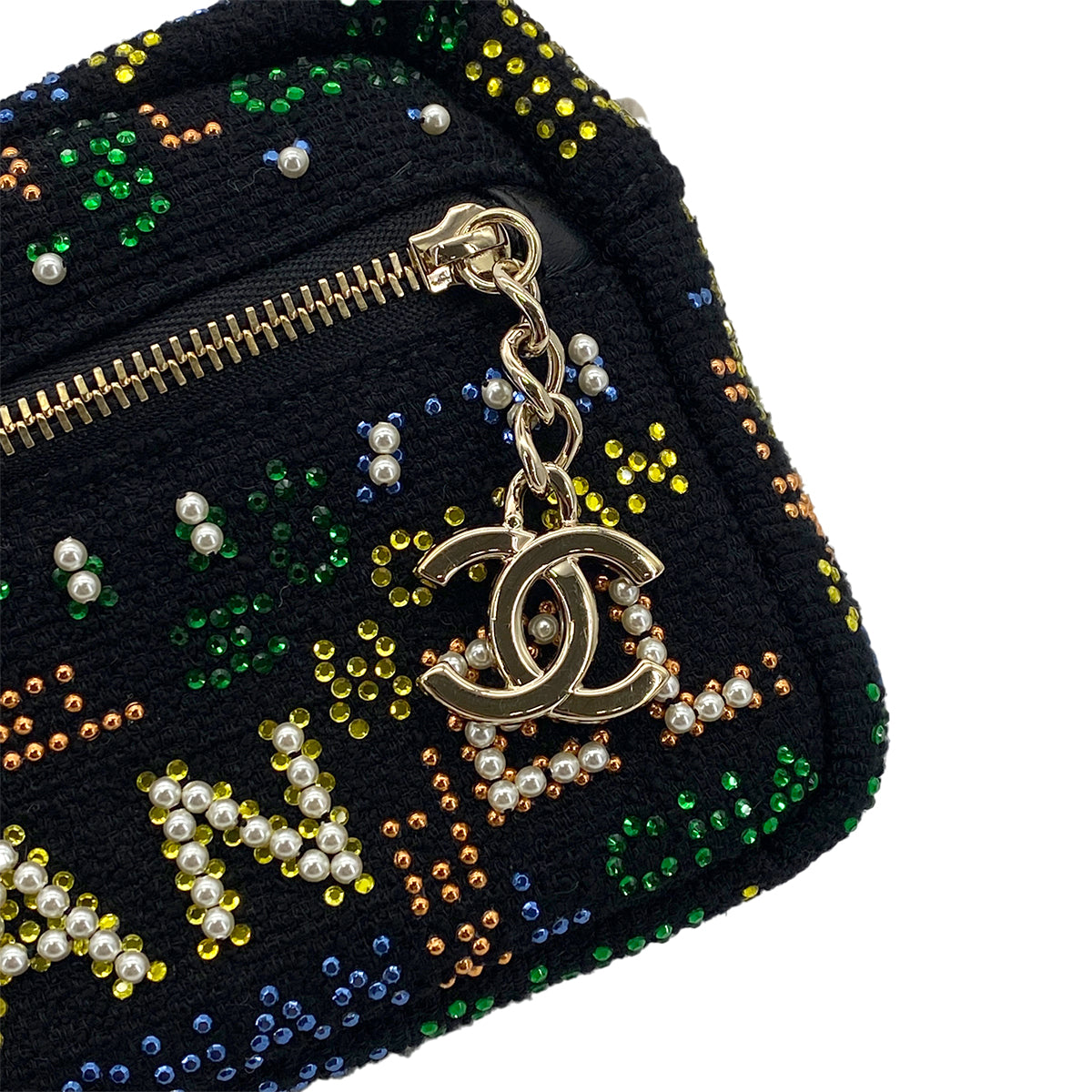 PURPOSE CHANEL VANITY LOGO COCOMARK RHINESTONE FAUX PEARL CHAIN HAND BAG MULTICOLOR CANVAS 90296684