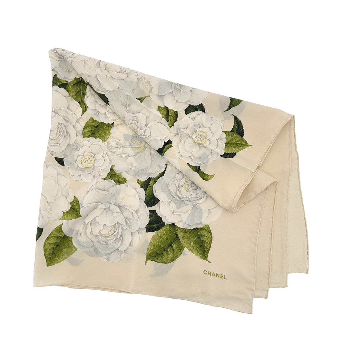 PURPOSE CHANEL VINTAGE CAMELLIA SCARF BEIGE WHITE SILK 90296578