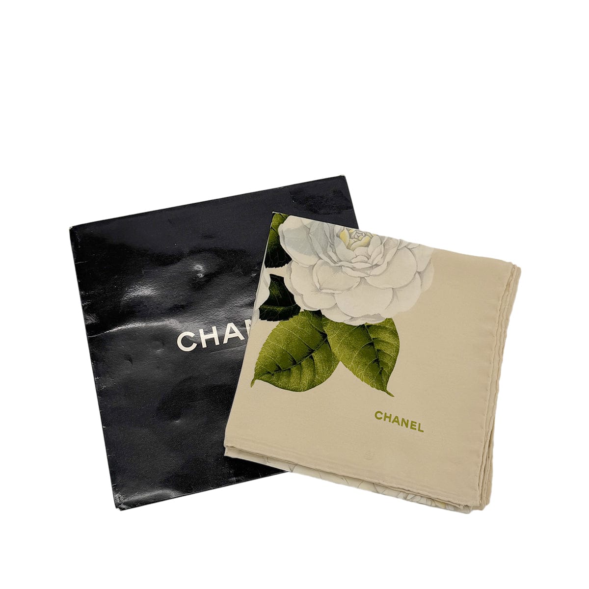 PURPOSE CHANEL VINTAGE CAMELLIA SCARF BEIGE WHITE SILK 90296578