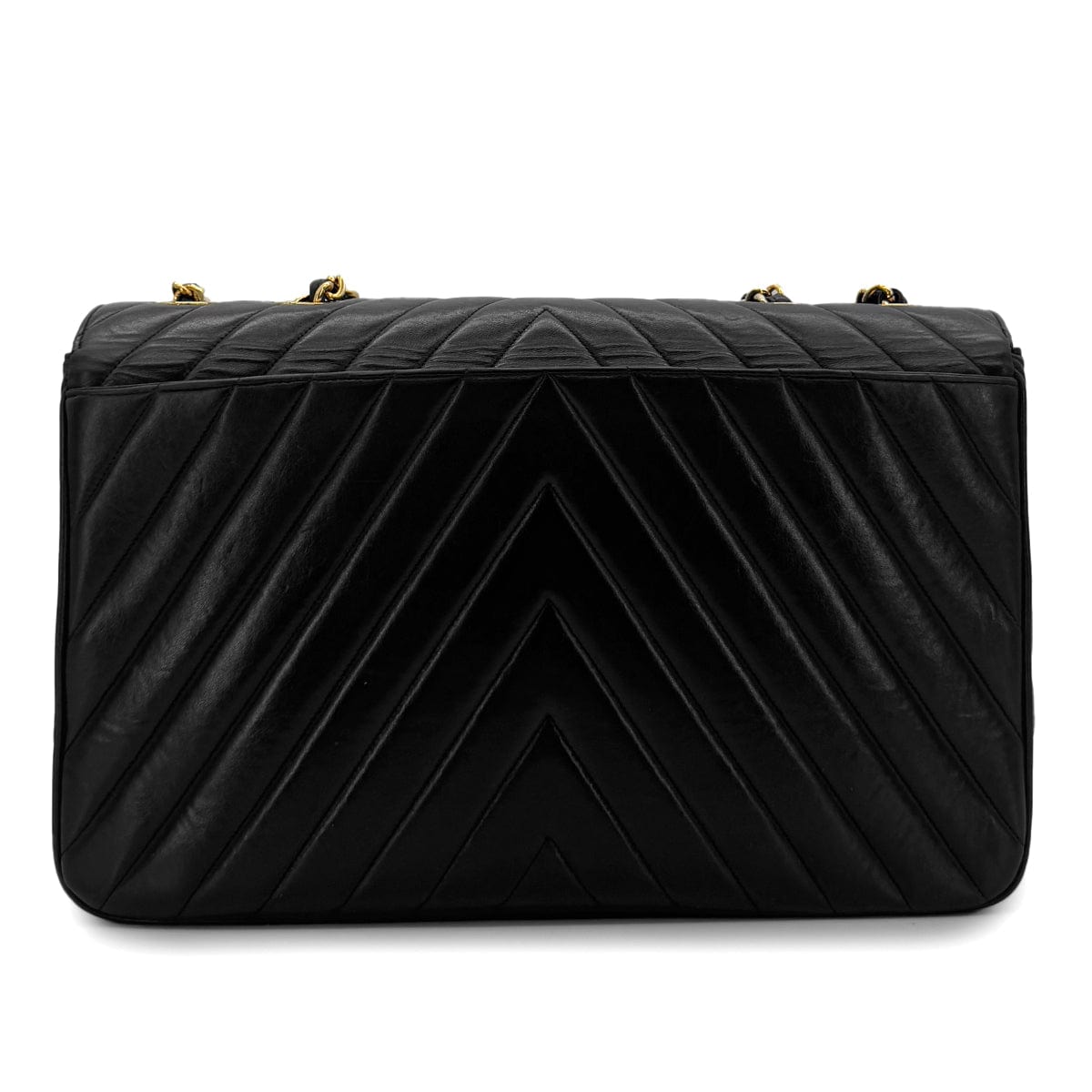 PURPOSE CHANEL VINTAGE CHEVRON CHAIN SHOULDER BAG BLACK LAMB SKIN 90286581