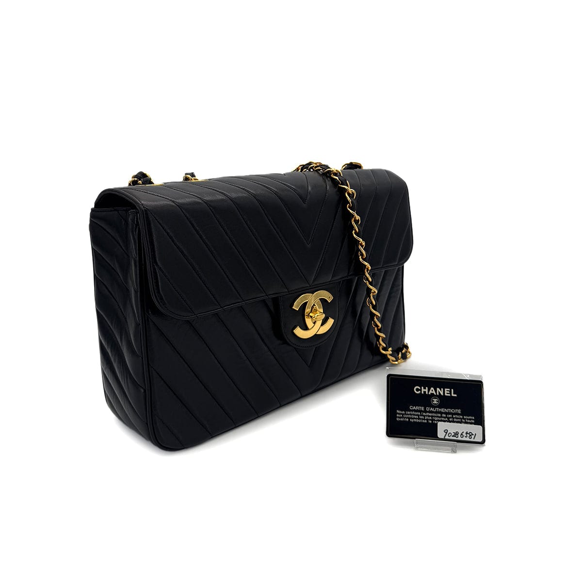 PURPOSE CHANEL VINTAGE CHEVRON CHAIN SHOULDER BAG BLACK LAMB SKIN 90286581