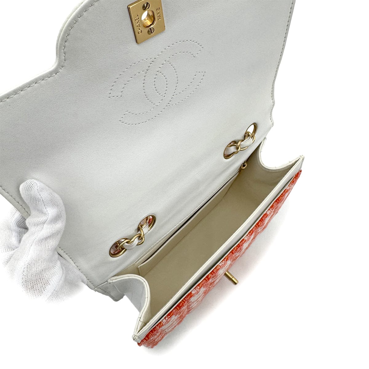 PURPOSE CHANEL VINTAGE CHOCOLATE BAR CHAIN SHOULDER BAG ORANGE TWEED 90289068