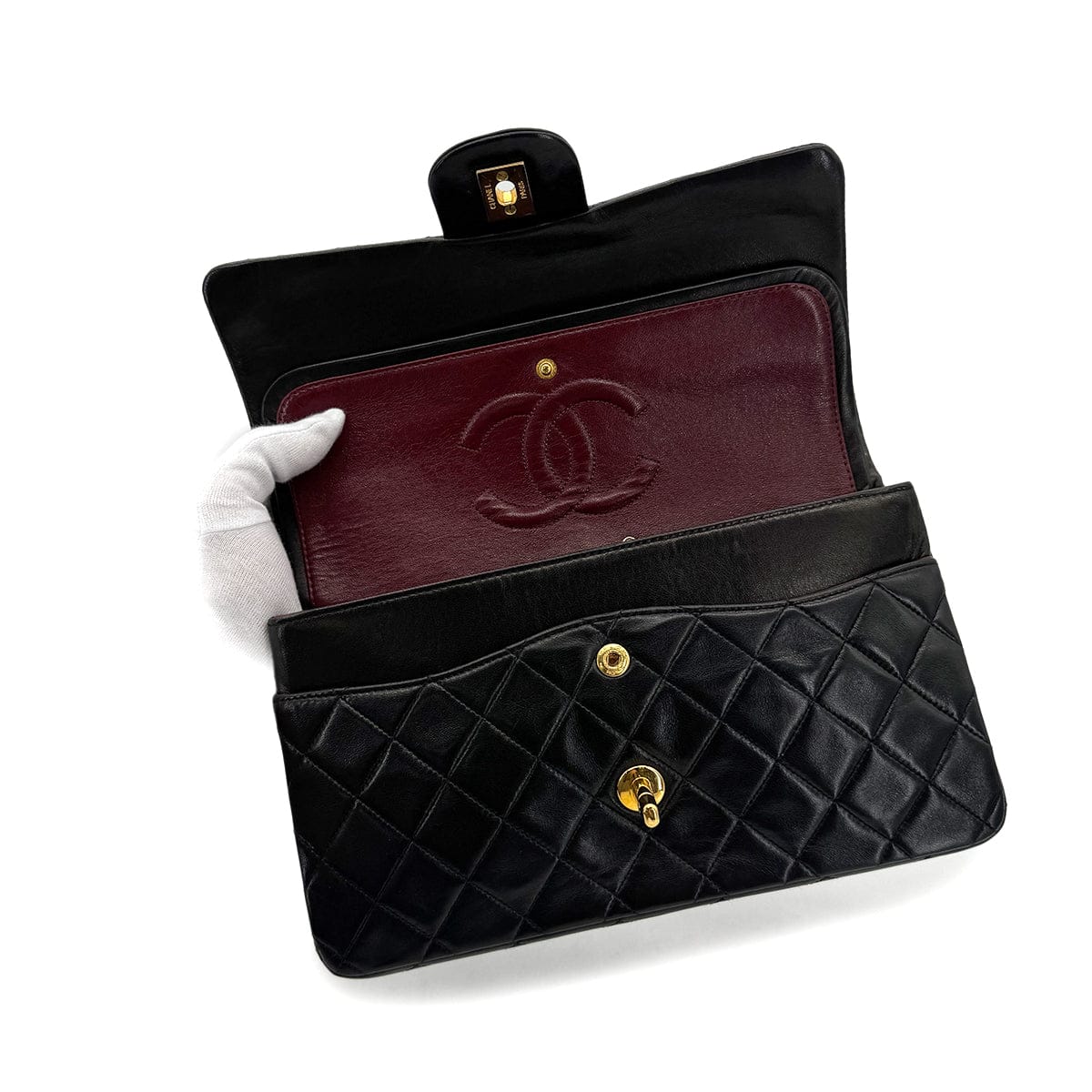 PURPOSE CHANEL VINTAGE CLASSIC FLAP MEDIUM CHAIN SHOULDER BAG BLACK LAMB SKIN 90305115