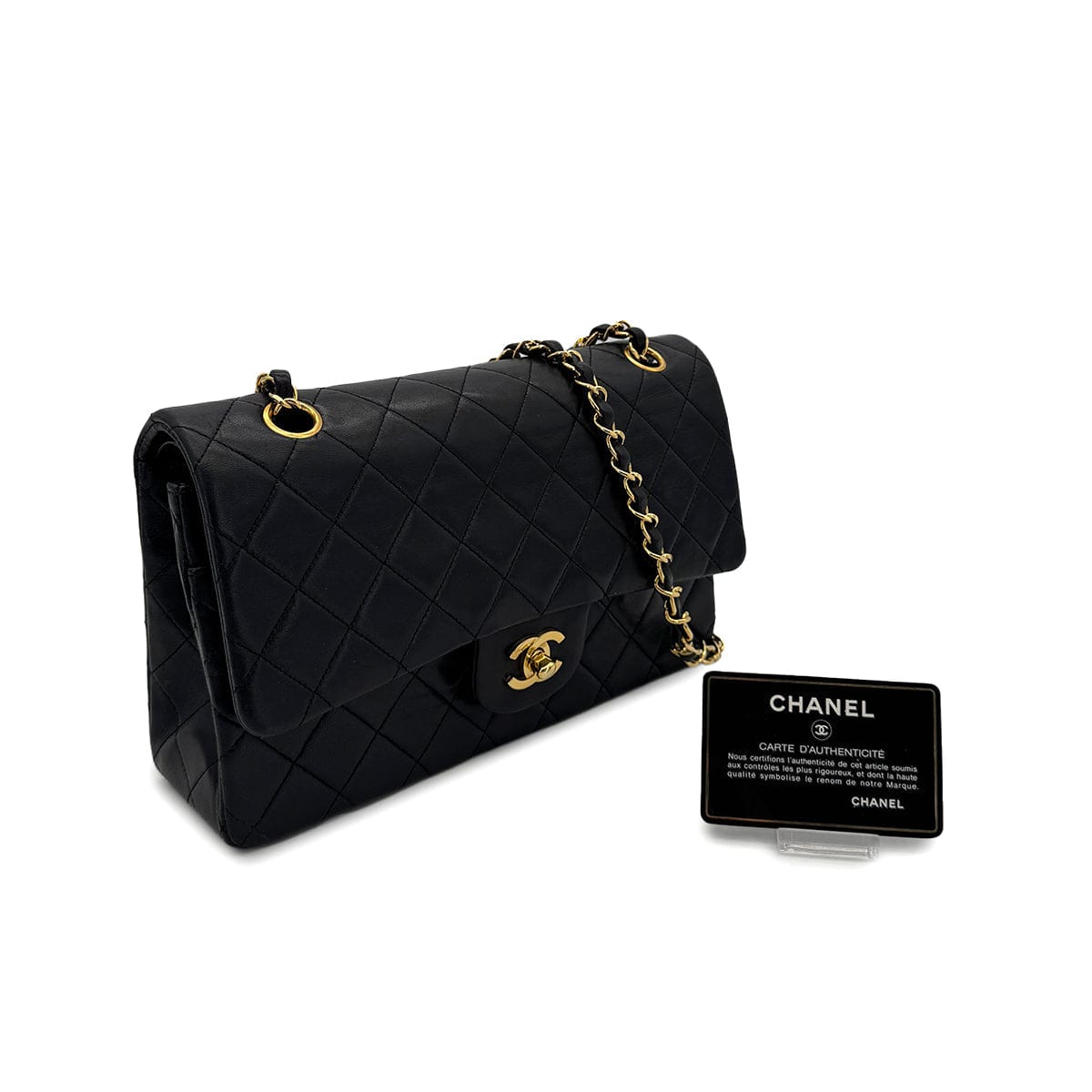PURPOSE CHANEL VINTAGE CLASSIC FLAP MEDIUM CHAIN SHOULDER BAG BLACK LAMB SKIN 90305121