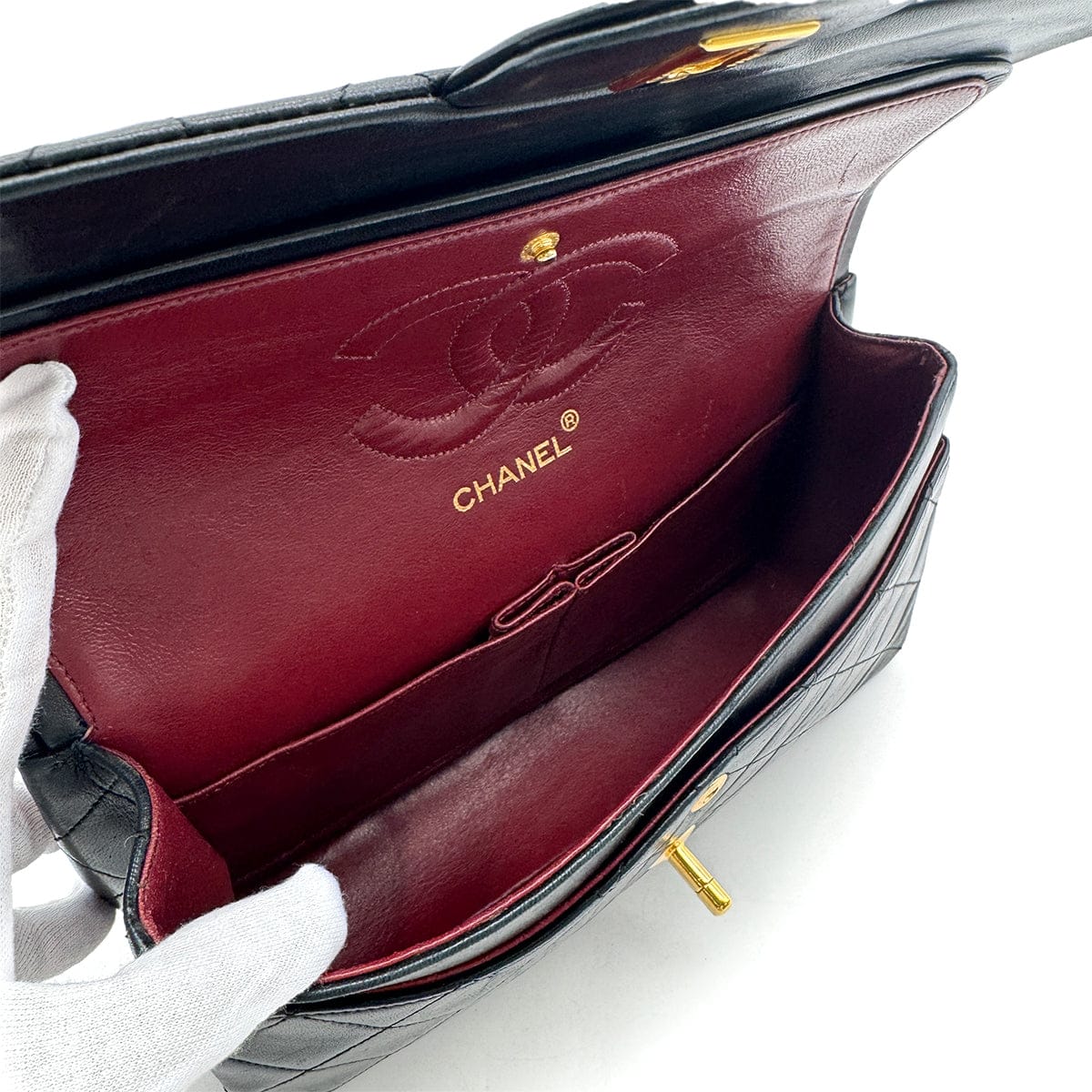 PURPOSE CHANEL VINTAGE CLASSIC FLAP MEDIUM CHAIN SHOULDER BAG BLACK LAMB SKIN 90305376