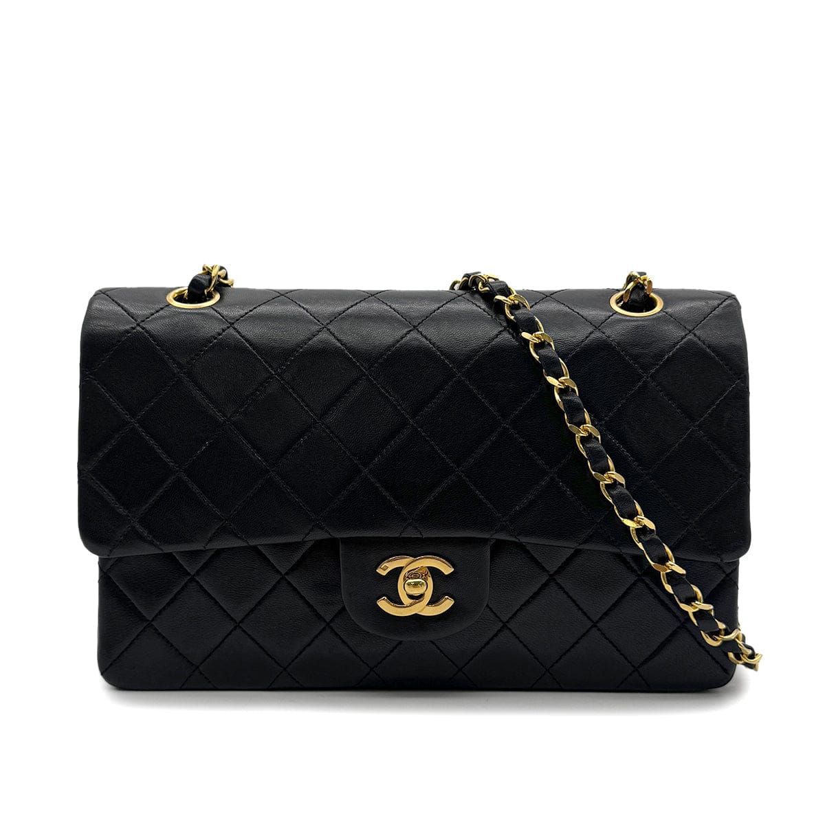 PURPOSE CHANEL VINTAGE CLASSIC FLAP MEDIUM CHAIN SHOULDER BAG BLACK LAMB SKIN 90305376