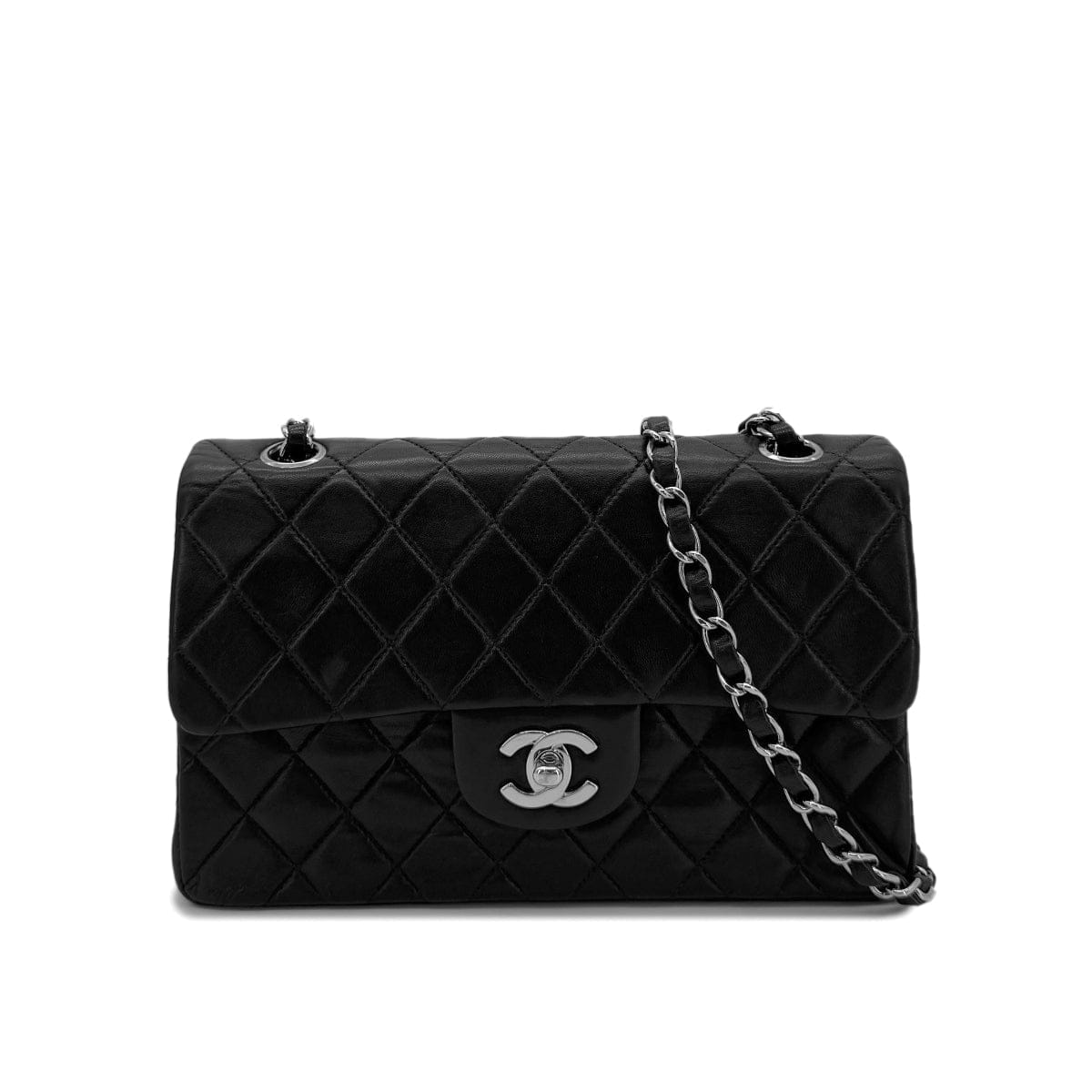 PURPOSE CHANEL VINTAGE CLASSIC FLAP SMALL CHAIN SHOULDER BAG BLACK LAMB SKIN 90288002