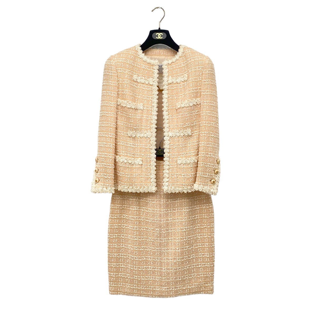 PURPOSE CHANEL VINTAGE COCO BUTTON JACKET SKIRT SET BEIGE TWEED 38 95C RTW 90307037