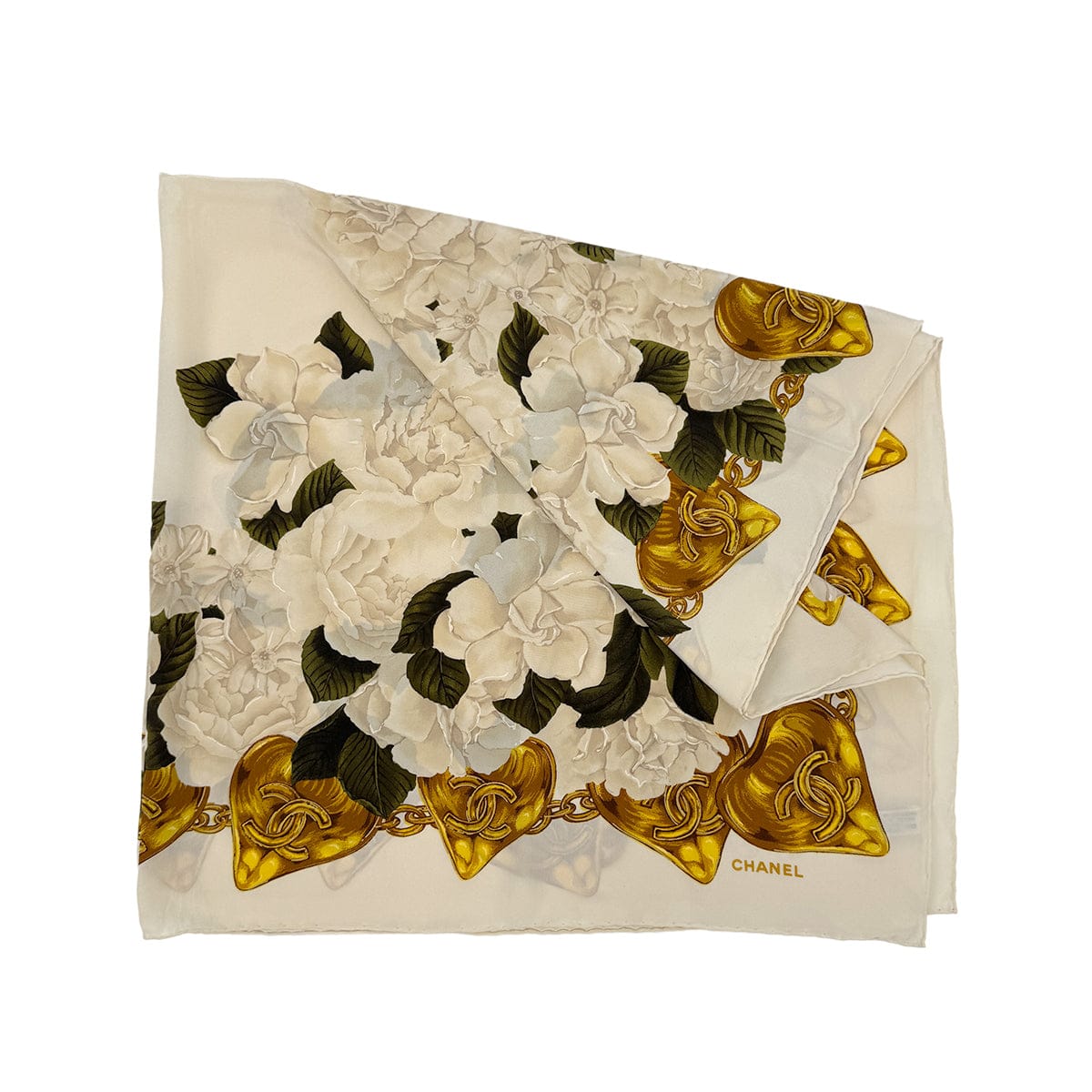 PURPOSE CHANEL VINTAGE COCOMARK CAMELLIA SCARF BEIGE WHITE SILK 90308383