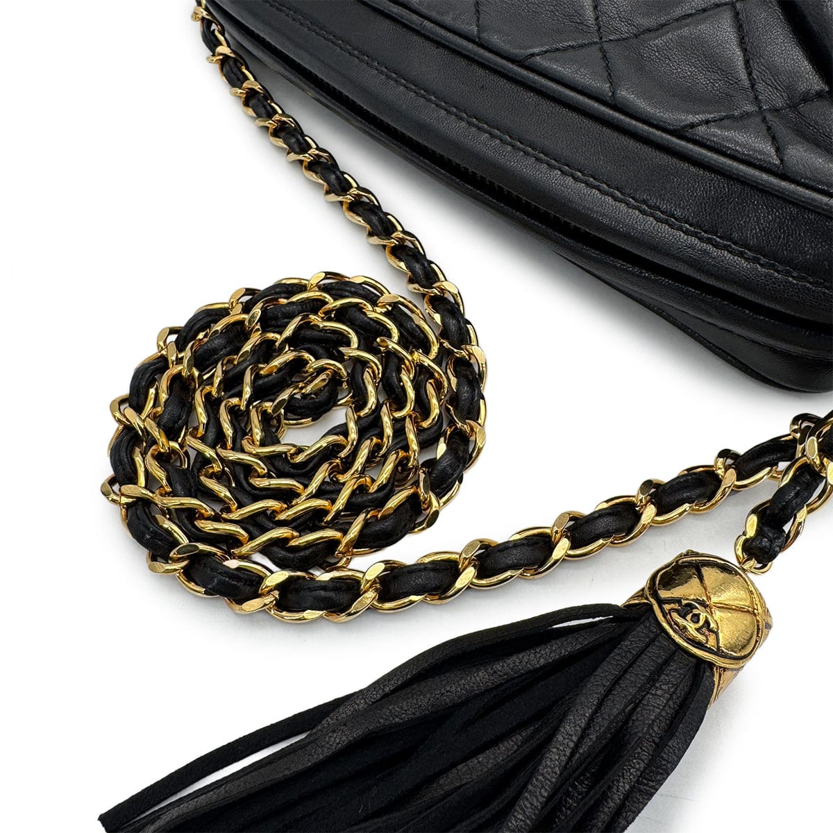 PURPOSE CHANEL VINTAGE COCOMARK MATELASSE CHAIN SHOULDER BAG BLACK FRINGE LAMB SKIN 90308982