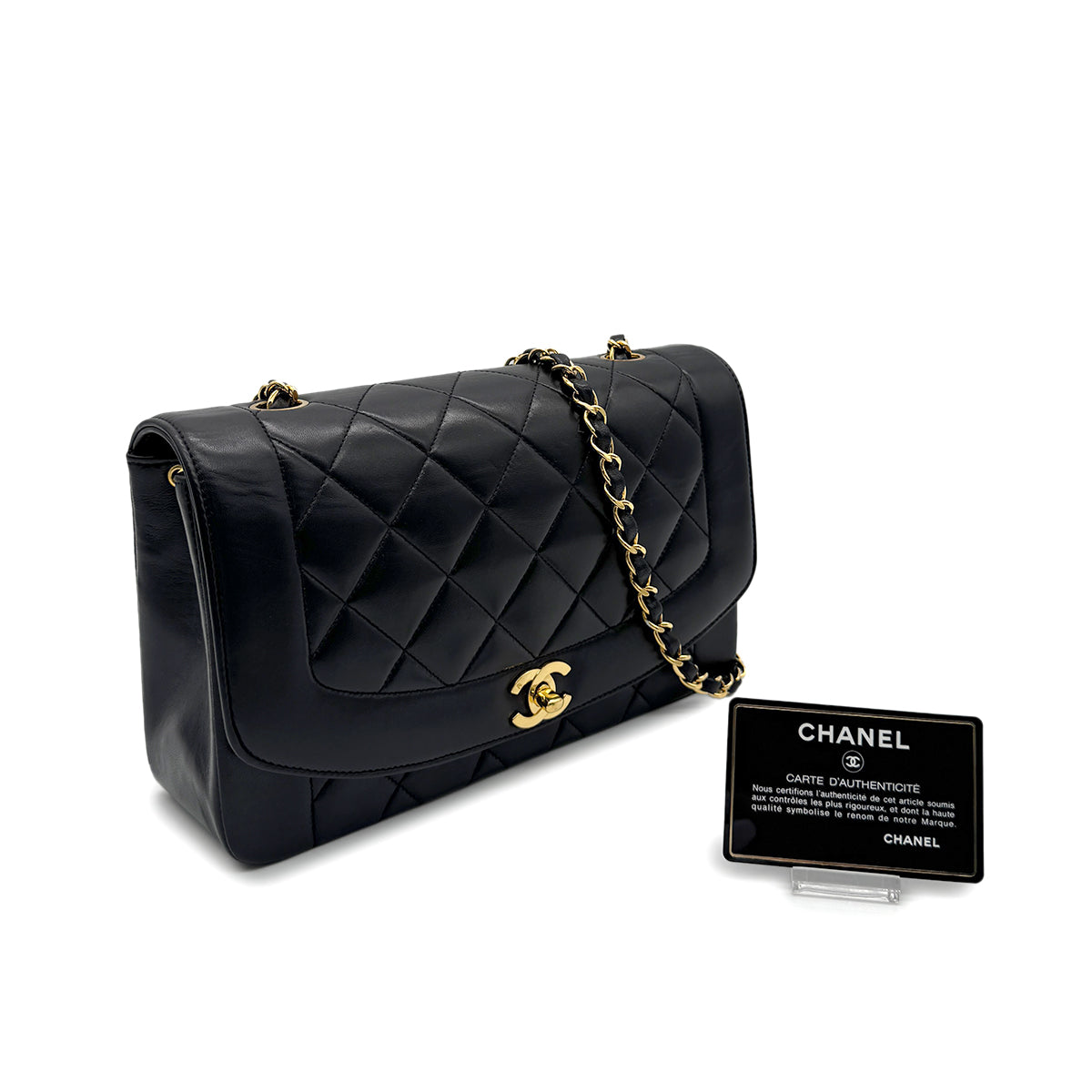 PURPOSE CHANEL VINTAGE DIANA MEDIUM CHAIN SHOULDER BAG BLACK LAMB SKIN 90281240