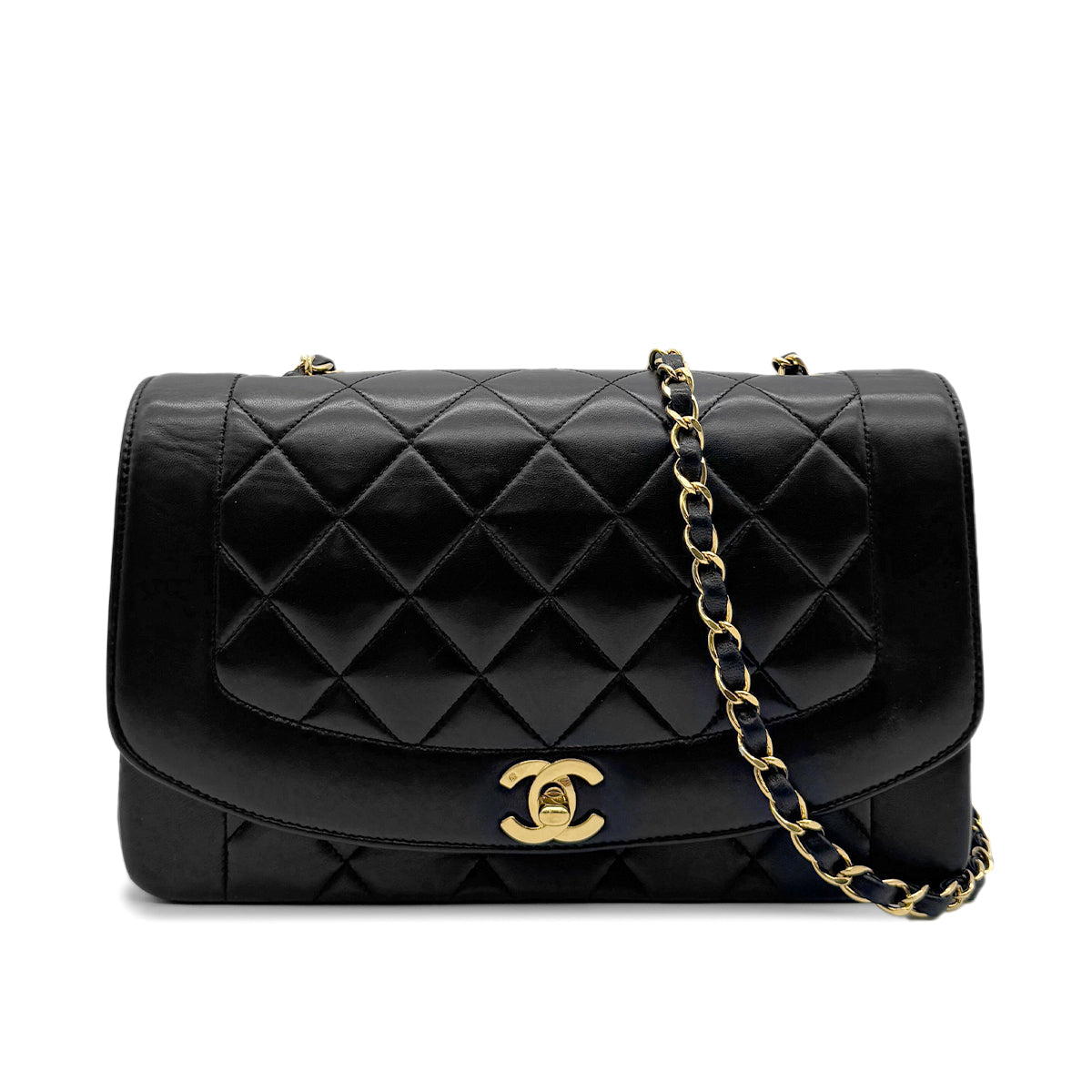 PURPOSE CHANEL VINTAGE DIANA MEDIUM CHAIN SHOULDER BAG BLACK LAMB SKIN 90281240