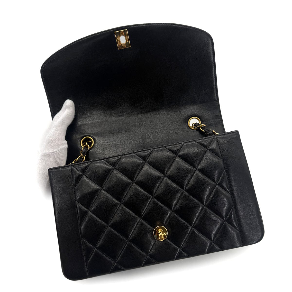 PURPOSE CHANEL VINTAGE DIANA MEDIUM CHAIN SHOULDER BAG BLACK LAMB SKIN 90288983