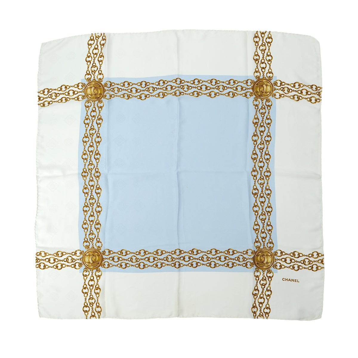 PURPOSE CHANEL VINTAGE SCARF COCOMARK CHAIN PATTERN WHITE LIGHT BLUE SILK 90305125