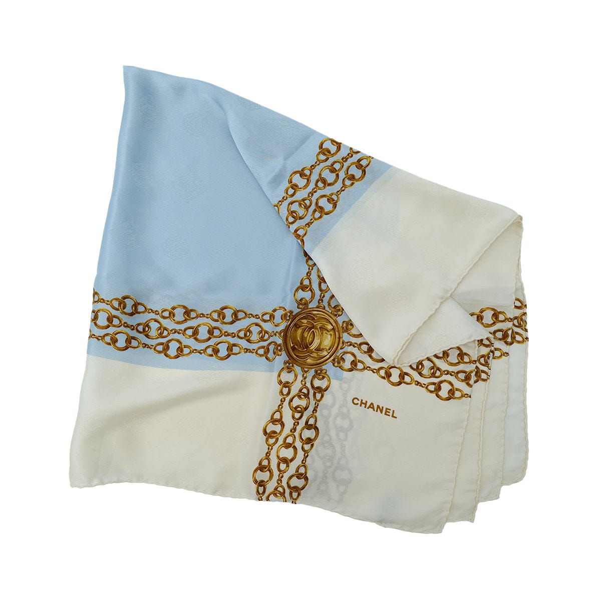 PURPOSE CHANEL VINTAGE SCARF COCOMARK CHAIN PATTERN WHITE LIGHT BLUE SILK 90305125