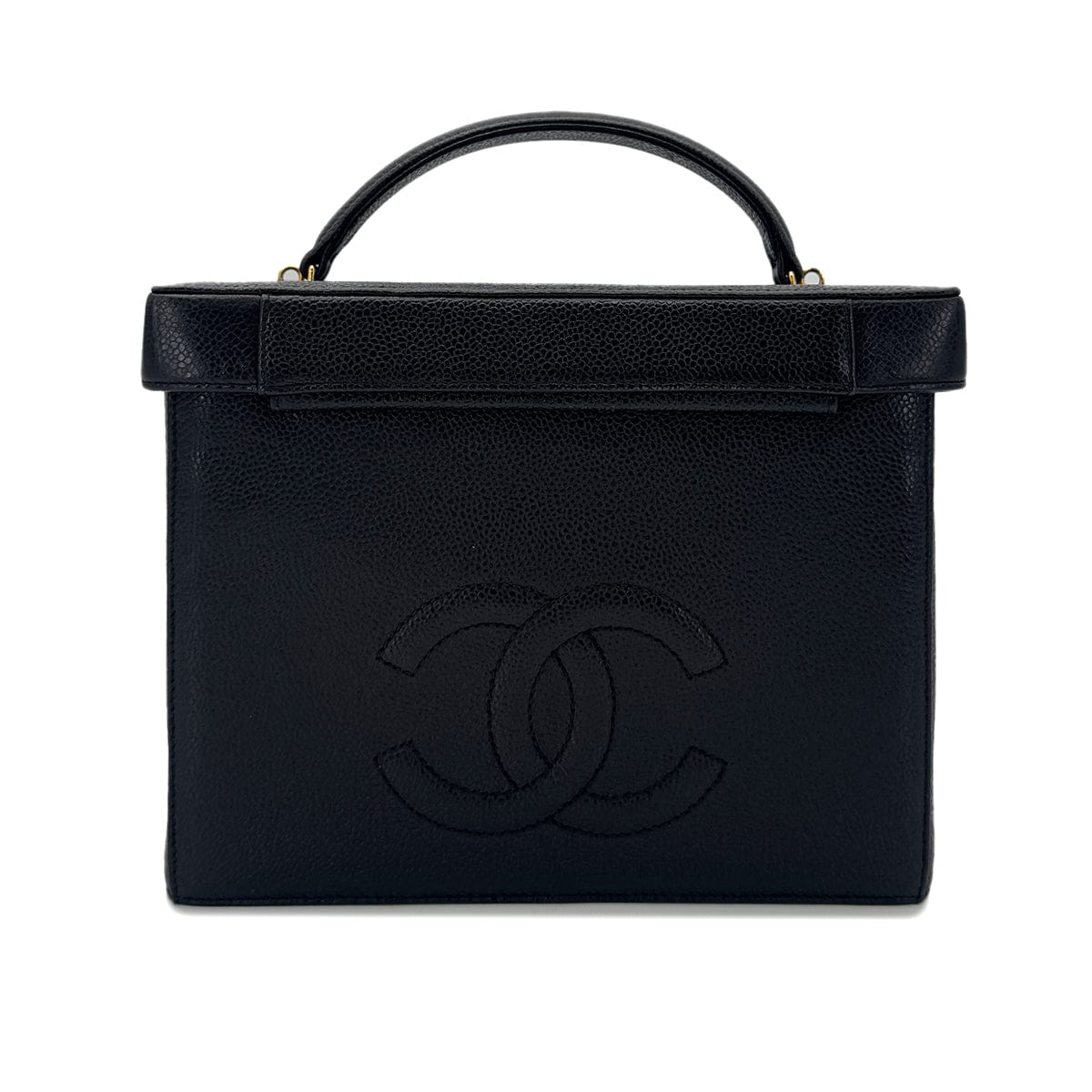 PURPOSE CHANEL VINTAGE TURN LOCK 2WAY VANITY HAND SHOULDER BAG BLACK CAVIAR SKIN 90291379