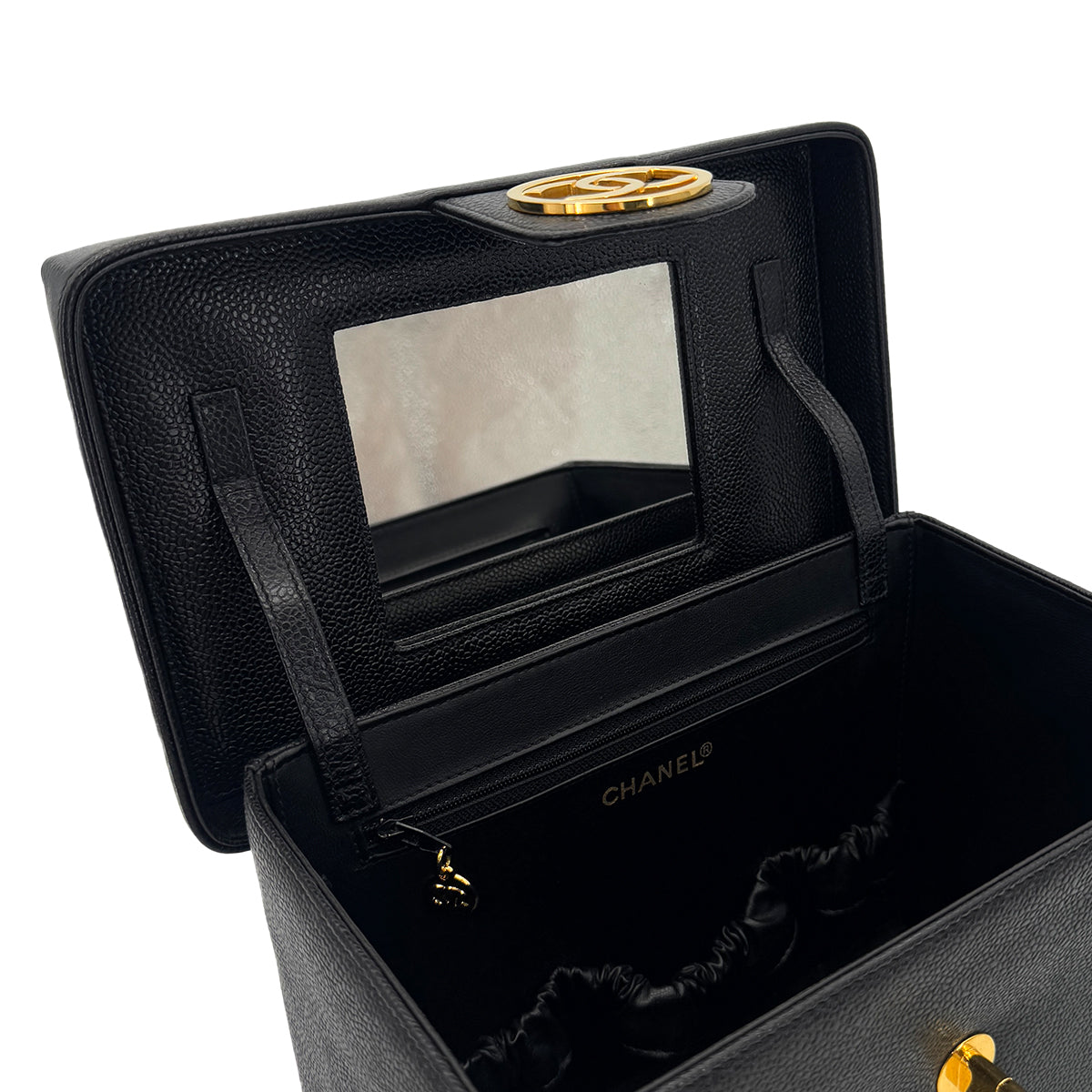 PURPOSE CHANEL VINTAGE TURN LOCK 2WAY VANITY HAND SHOULDER BAG BLACK CAVIAR SKIN 90291379
