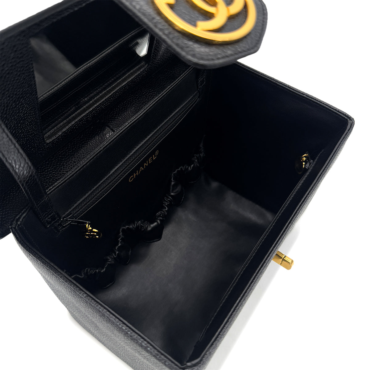 PURPOSE CHANEL VINTAGE TURN LOCK 2WAY VANITY HAND SHOULDER BAG BLACK CAVIAR SKIN 90291379