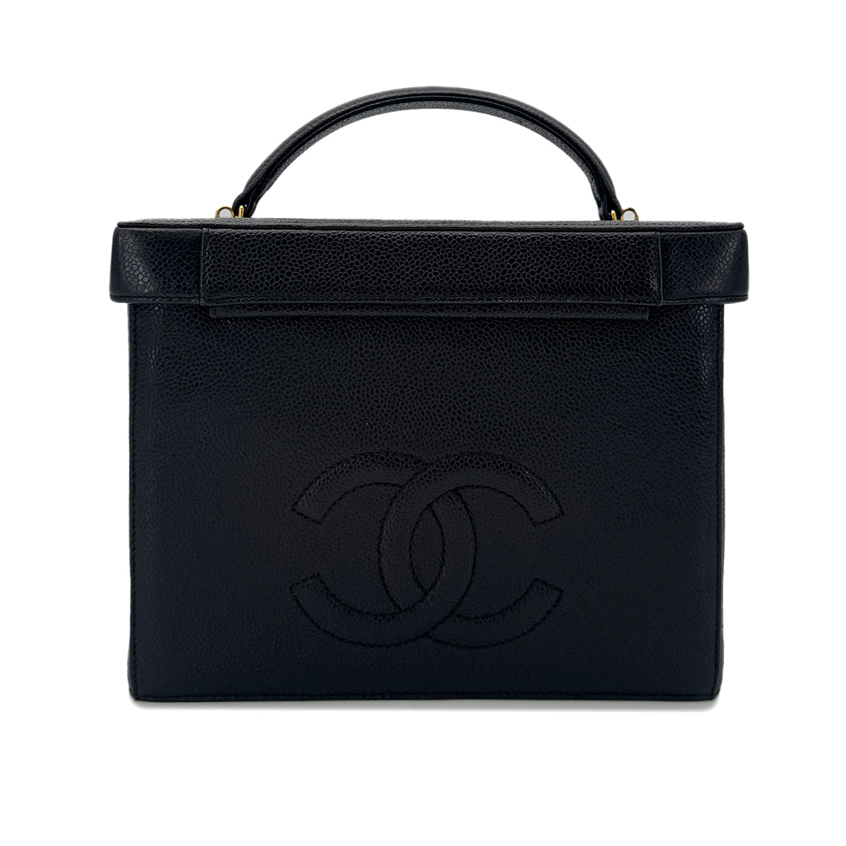PURPOSE CHANEL VINTAGE TURN LOCK 2WAY VANITY HAND SHOULDER BAG BLACK CAVIAR SKIN 90291379