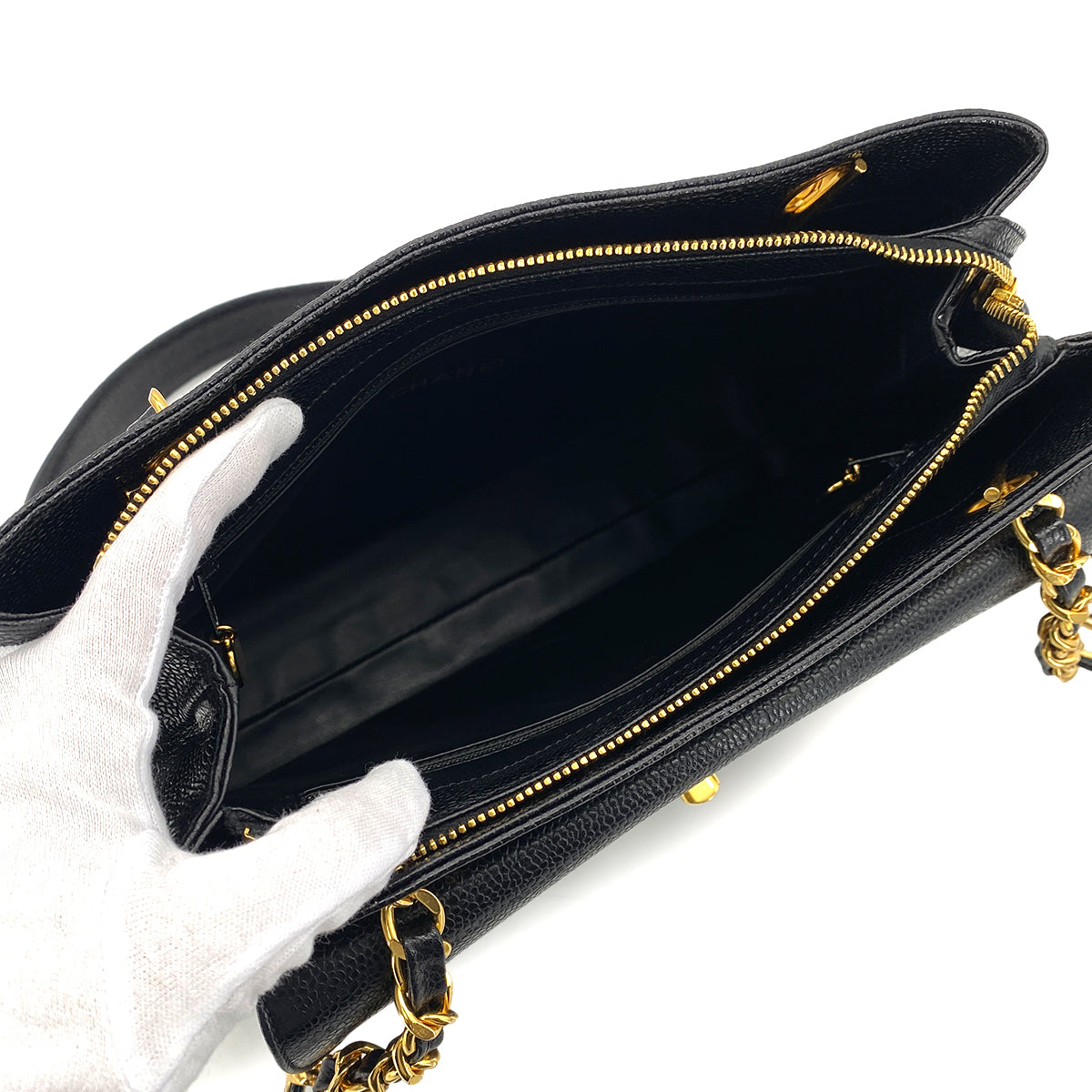 PURPOSE CHANEL VINTAGE TURN LOCK CHAIN TOTE SHOULDER BAG BLACK CAVIAR SKIN 90304102