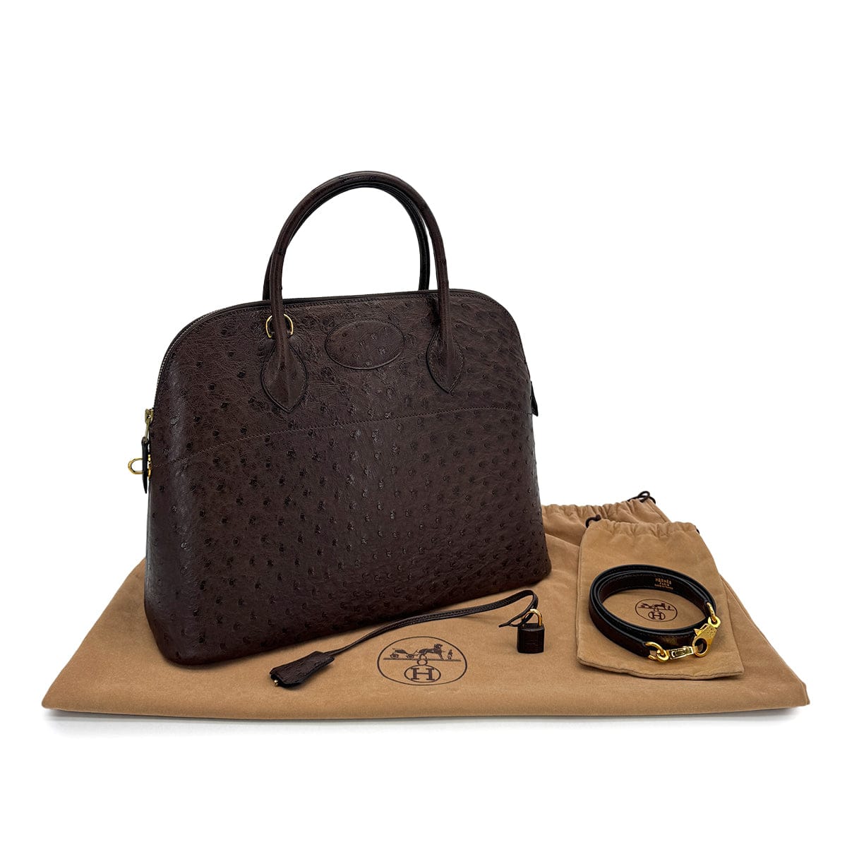 PURPOSE HERMES BOLIDE 35 CHOCOLAT OSTRICH HAND SHOULDER BAG 〇Y GOLD HARDWARE 90309175