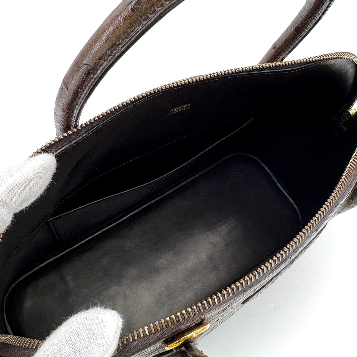 PURPOSE HERMES BOLIDE 35 CHOCOLAT OSTRICH HAND SHOULDER BAG 〇Y GOLD HARDWARE 90309175