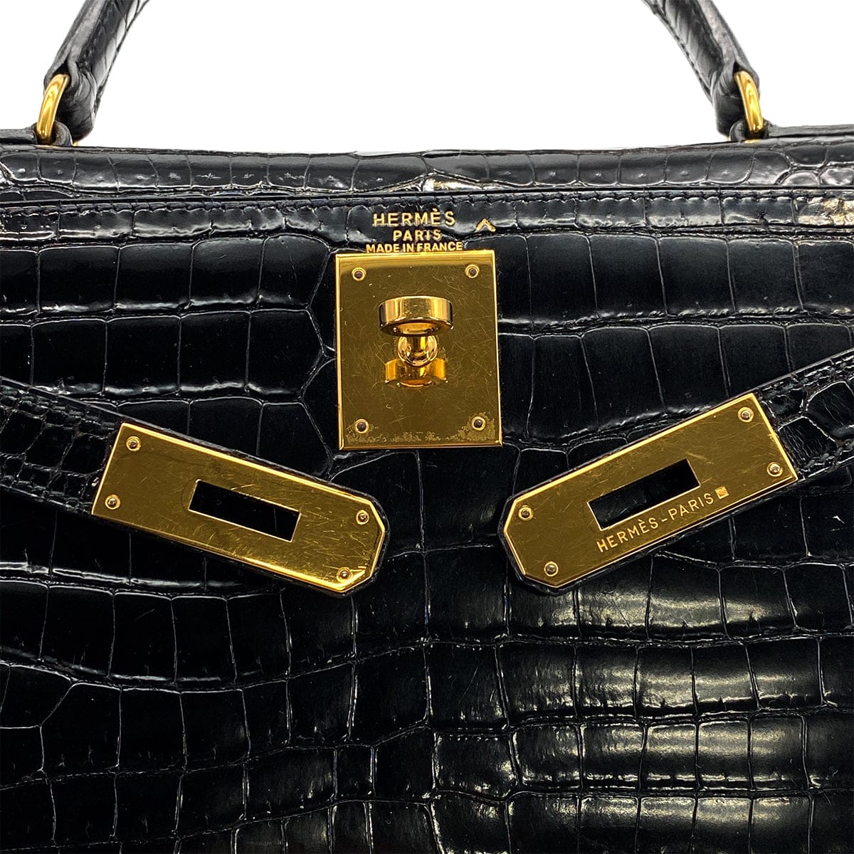PURPOSE HERMES KELLY 28 BLACK POROSUS CROCODILE HAND SHOULDER BAG 1993 CIRCLE W GOLD HARDWARE 90321000
