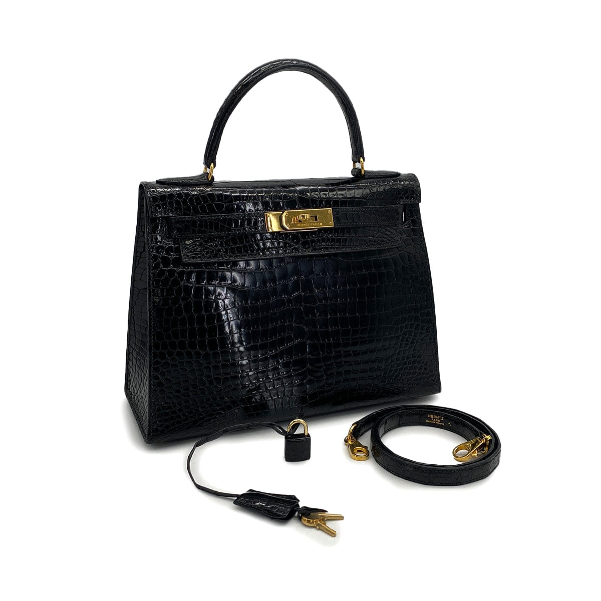 PURPOSE HERMES KELLY 28 BLACK POROSUS CROCODILE HAND SHOULDER BAG 1993 CIRCLE W GOLD HARDWARE 90321000