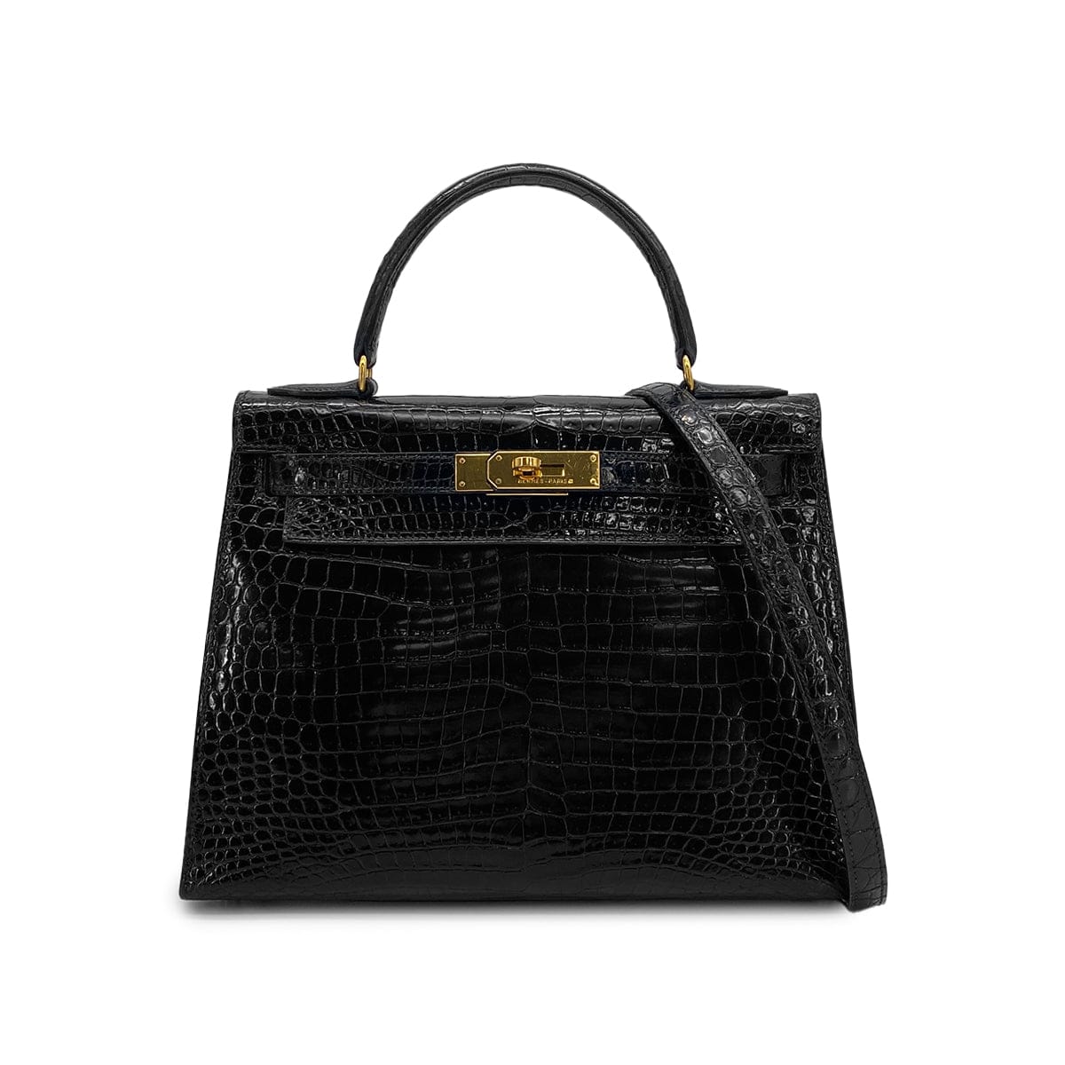 PURPOSE HERMES KELLY 28 BLACK POROSUS CROCODILE HAND SHOULDER BAG 1993 CIRCLE W GOLD HARDWARE 90321000