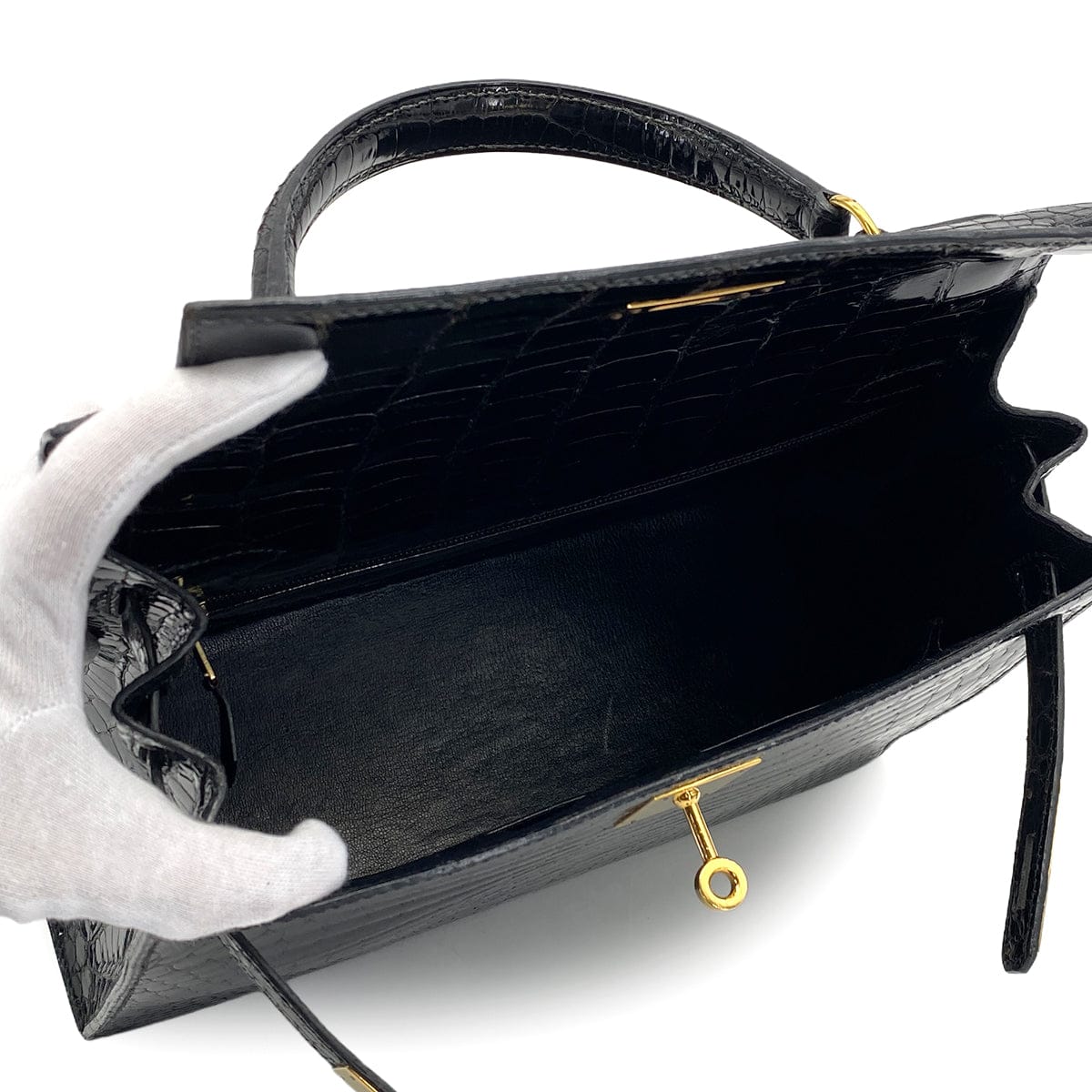 PURPOSE HERMES KELLY 28 BLACK POROSUS CROCODILE HAND SHOULDER BAG 1993 CIRCLE W GOLD HARDWARE 90321000